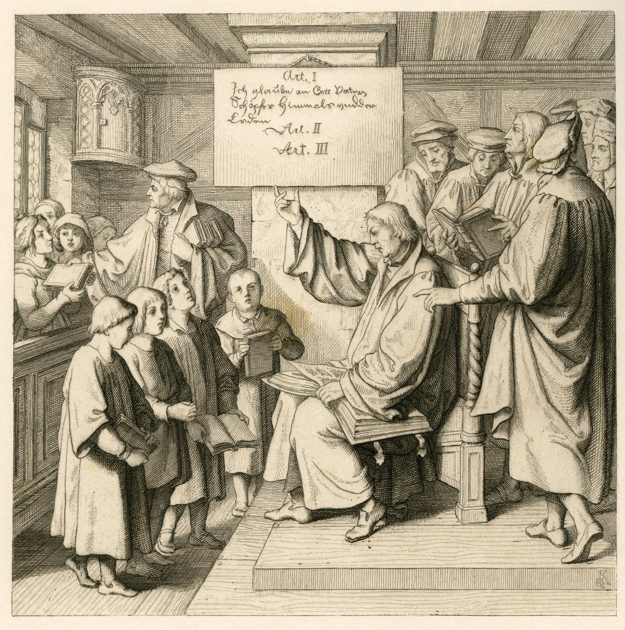 Martin Luther in der Schule mit vielen Kindern, weil ihm der Religionsunterricht sehr wichtig ist, rechts einige Lehrer von Gustav Ferdinand Leopold Konig