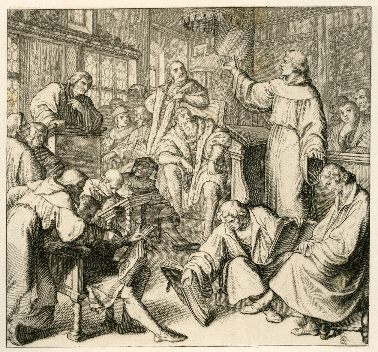 Martin Luther im Gespräch mit Dr. Johannes Eck (Johann Maier von Eck), auf der Seite Luthers sind Philipp Melanchthon (1497-1560) und Karlstadt (Andreas Rudolf Bodenstein von Karlstadt) von Gustav Ferdinand Leopold Konig