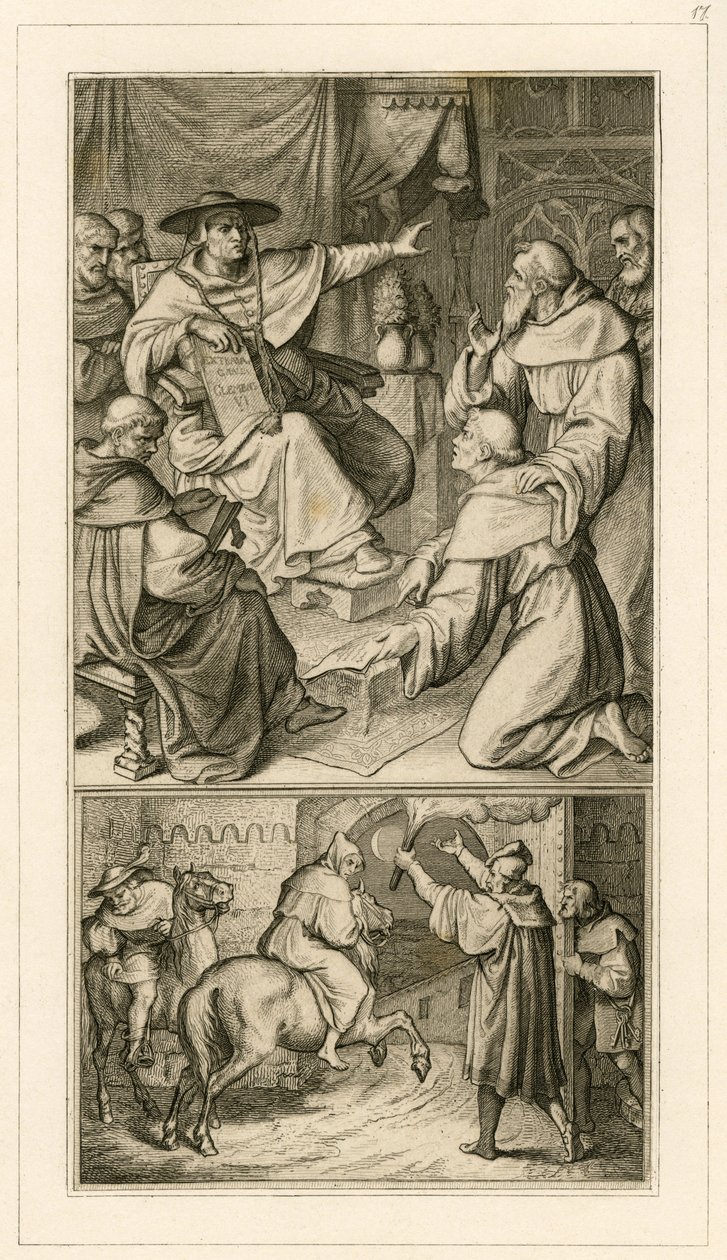 Martin Luther im Gespräch mit Kardinal Cajetan, Luther muss seine Schriften widerrufen, neben ihm sein Freund Staupitz von Gustav Ferdinand Leopold Konig