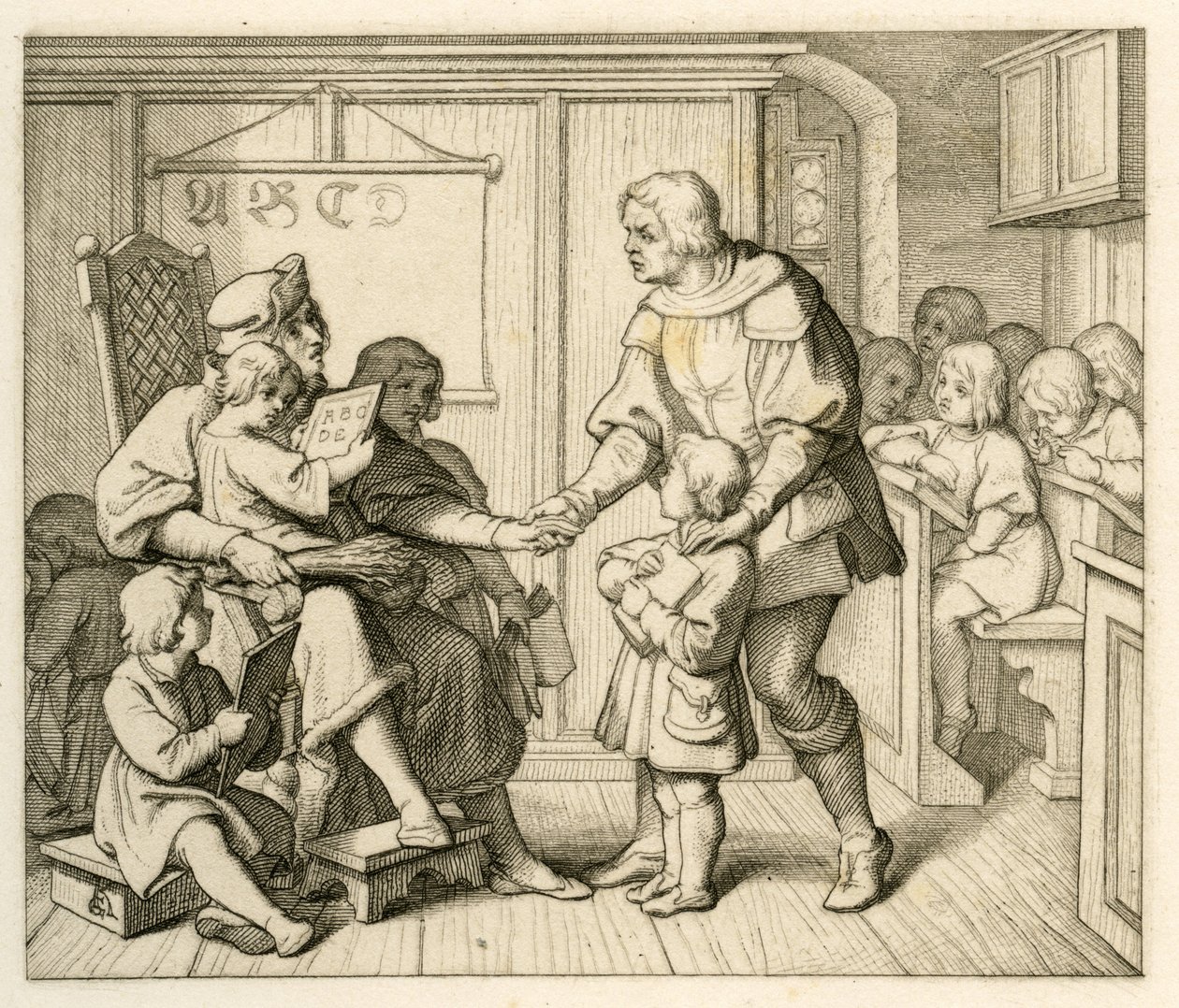 Martin Luthers Einschreibung in die Schule in Mansfeld, in dieser Illustration zusammen mit seinem Vater Hans von Gustav Ferdinand Leopold Konig
