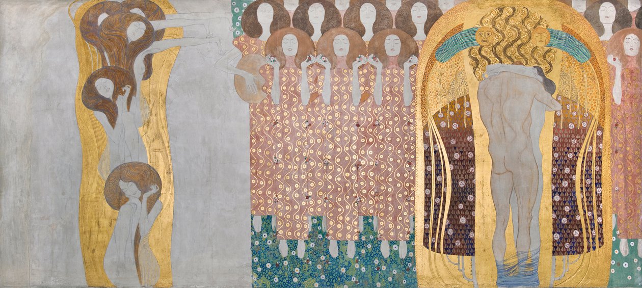 Hier ist ein Kuss für die ganze Welt!, Detail des Beethovenfrieses von Gustav Klimt