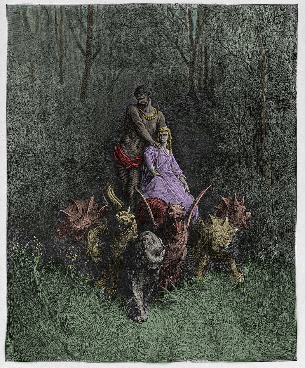 Purgatorio, Gesang 32: Der Riese und die Hure im Wagen, Illustration aus Die Göttliche Komödie von Dante Alighieri, 1885 (digital kolorierte Gravur) von Gustave after Dore