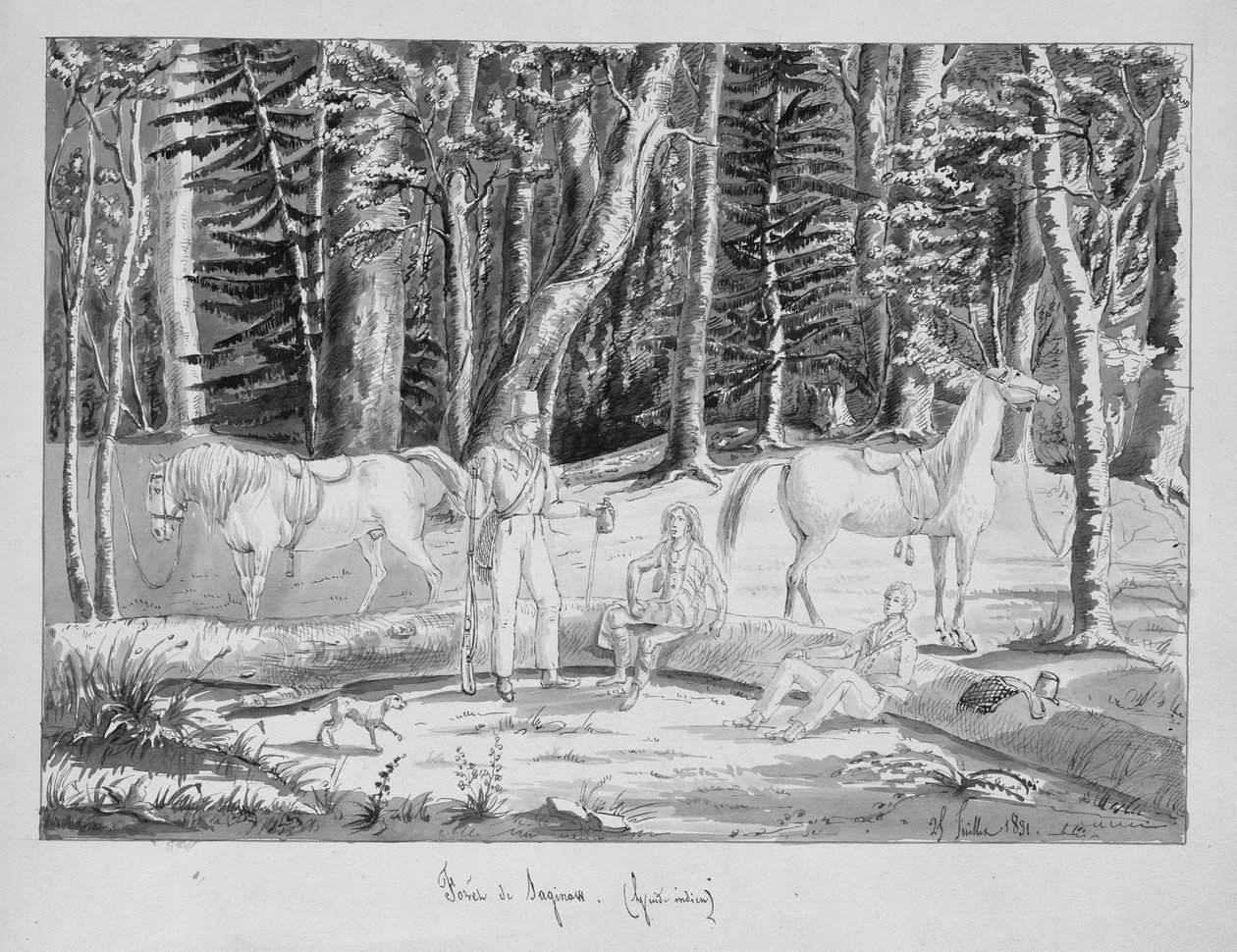 Reisende mit einem indianischen Führer im Wald von Saginaw, 1831 von Gustave de Beaumont