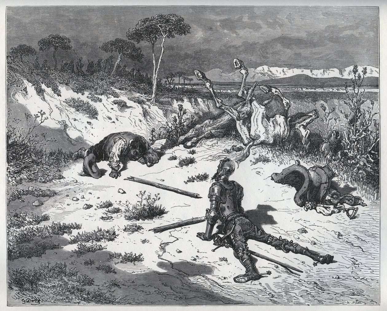 Don Quixotes Moralisieren über Undankbarkeit - aus „Don Quixote de la Mancha“ von Miguel Cervantes (1547-1616) - Holzschnitt nach einer Zeichnung von Gustave Doré von Gustave (after) Dore