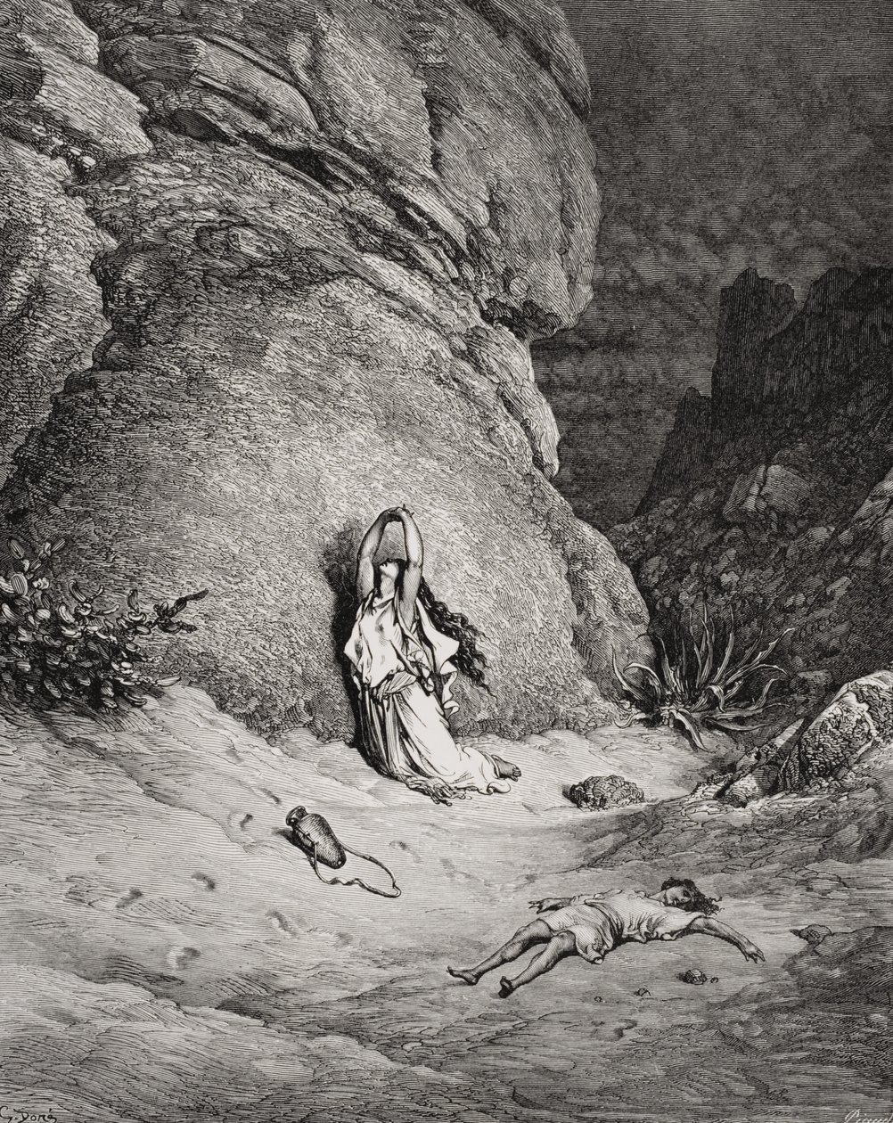 Hagar und Ismael in der Wüste, Illustration aus Dores 
