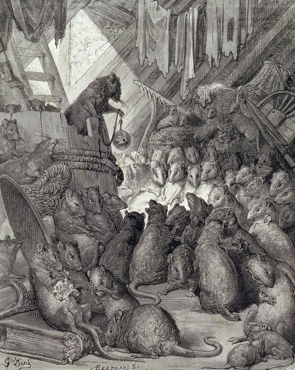 Der Rat der Ratten, aus den Fabeln von La Fontaine, graviert von Antoine Valerie Bertrand (geb. 1823) ca. 1868 von Gustave (after) Dore
