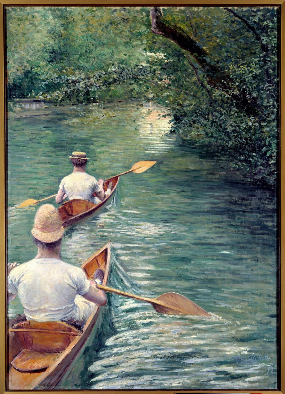 Die Perissoires. Paar, das im Wasser in Perissoires, einer Art Kajak, geht (Das Kanu). (Element eines dekorativen Sets: Triptychon entworfen mit La Peche a la Ligne und Les Baigneurs) von Gustave Caillebotte
