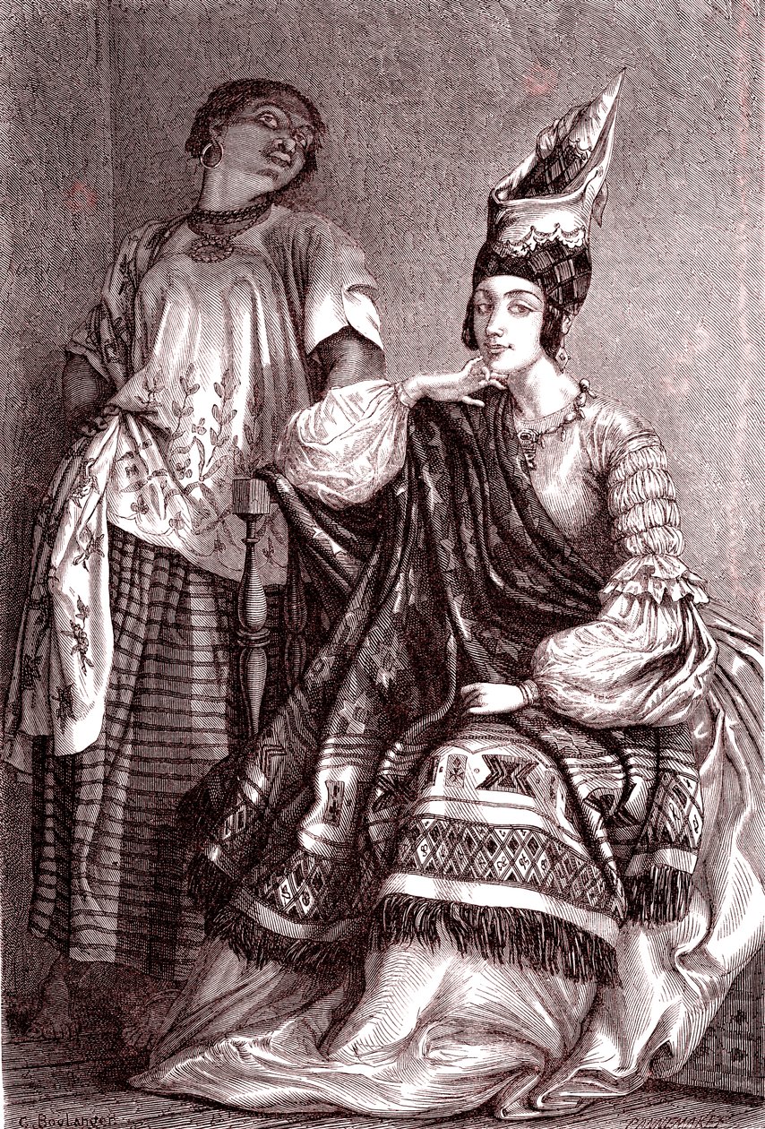 Signare, die mulattisch-französischen afrikanischen Frauen in der Stadt Saint Louis, Senegal. 1861 von Gustave Clarence Rodolphe Boulanger