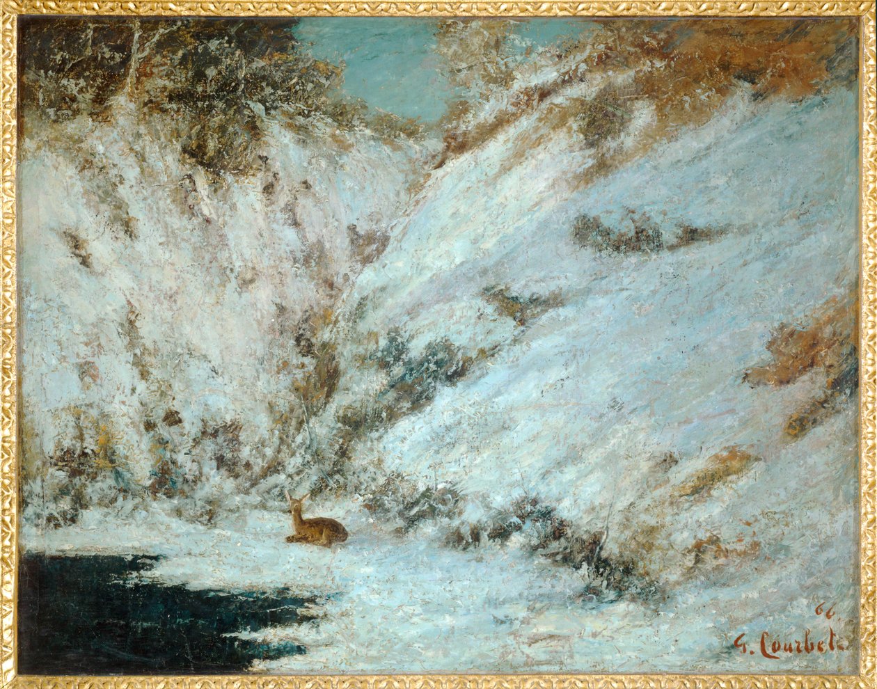 Schneelandschaft im Jura mit Reh von Gustave Courbet