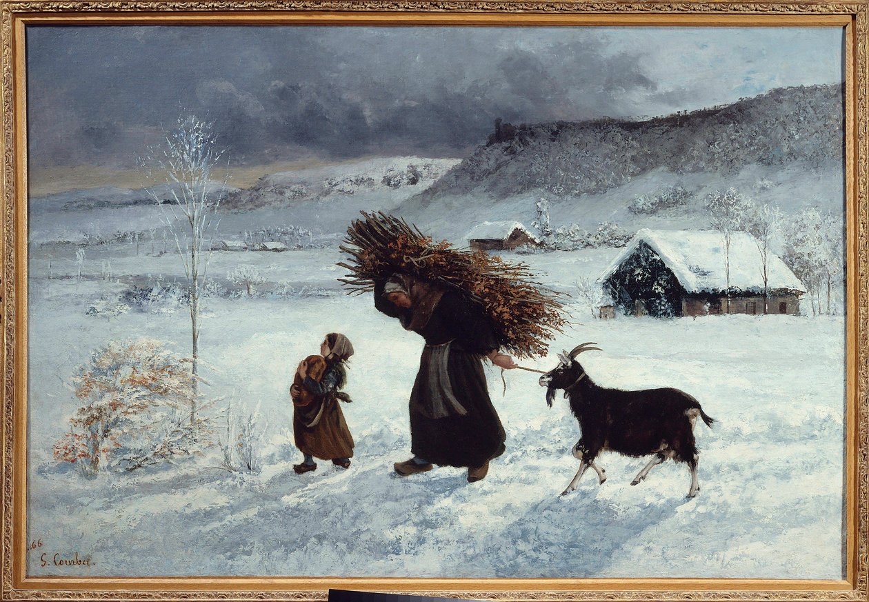 Dorfarmut, Ornans. Eine Bäuerin und ihre Tochter bringen Brot, Holzscheite und eine Ziege als Wintervorrat. Gemälde von Gustave Courbet (1819-1877) 19. Jahrhundert von Gustave Courbet