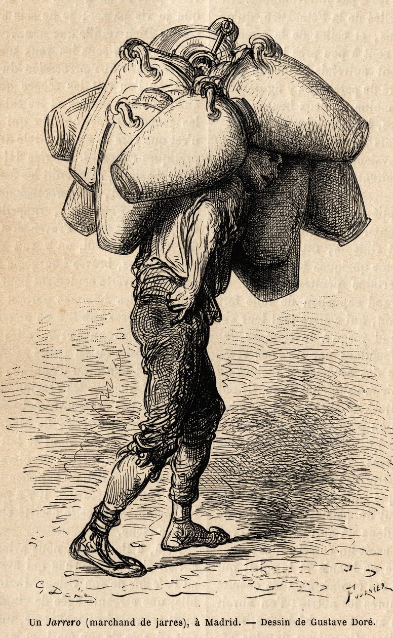 Ein Krugverkäufer, Skizze lebendig aufgenommen in Madrid. Gravur von Gustave Doré (1832-1883) zur Illustration seiner Reise nach Spanien, mit Ch. Davillier (Herausgeber), 1862, veröffentlicht in „Le tour du monde“ 1869, herausgegeben von Edouard Charton, H von Gustave Dore