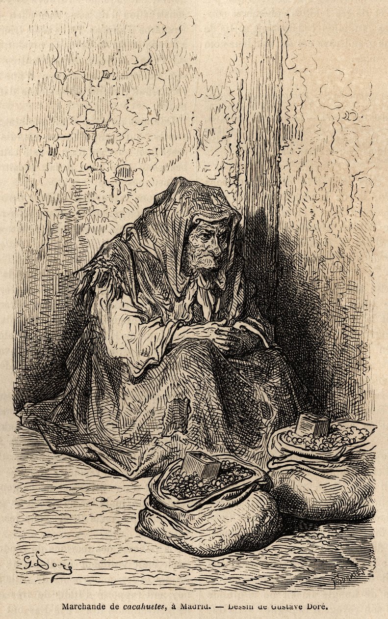 Ein Erdnusshändler, Skizze vor Ort an der Puerta del Sol, in Madrid. Gravur von Gustave Doré (1832-1883) zur Illustration seiner Reise nach Spanien, mit Ch. Davillier (Herausgeber), 1862, veröffentlicht in „Le tour du monde“ 1869, herausgegeben von Edouard von Gustave Dore