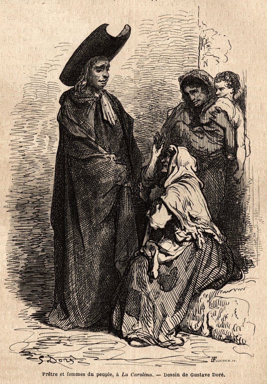 Ein Priester und eine Frau aus dem Volk, in Lumpen gekleidet; die professionellen spanischen Bettler, die sich auf den Höfen der Kirchen niederlassen, um die christliche Nächstenliebe geschickt auszunutzen. Skizze von Gustave Dore (1832-1883). Illustration von Gustave Dore