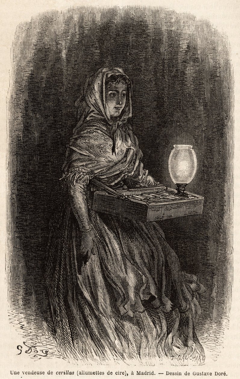 Eine Verkäuferin von Wachsstreichhölzern, Skizze live in der Puerta del Sol, in Madrid. Gravur von Gustave Doré (1832-1883) zur Illustration seiner Reise nach Spanien, mit Ch. Davillier (Herausgeber), veröffentlicht in „Le tour du monde“ 1869, herausgegebe von Gustave Dore