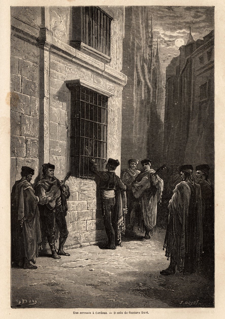 Eine Serenade im Mondlicht, in den Straßen von Cordoba, der Liebhaber, Gitarre in der Hand, spricht leise zu seiner Verlobten durch ein Drahtgitterfenster, rezitiert Gedichte oder singt ein Lied. Zeichnung von Gustave Dore (1832-1883). Illustration der Rei von Gustave Dore