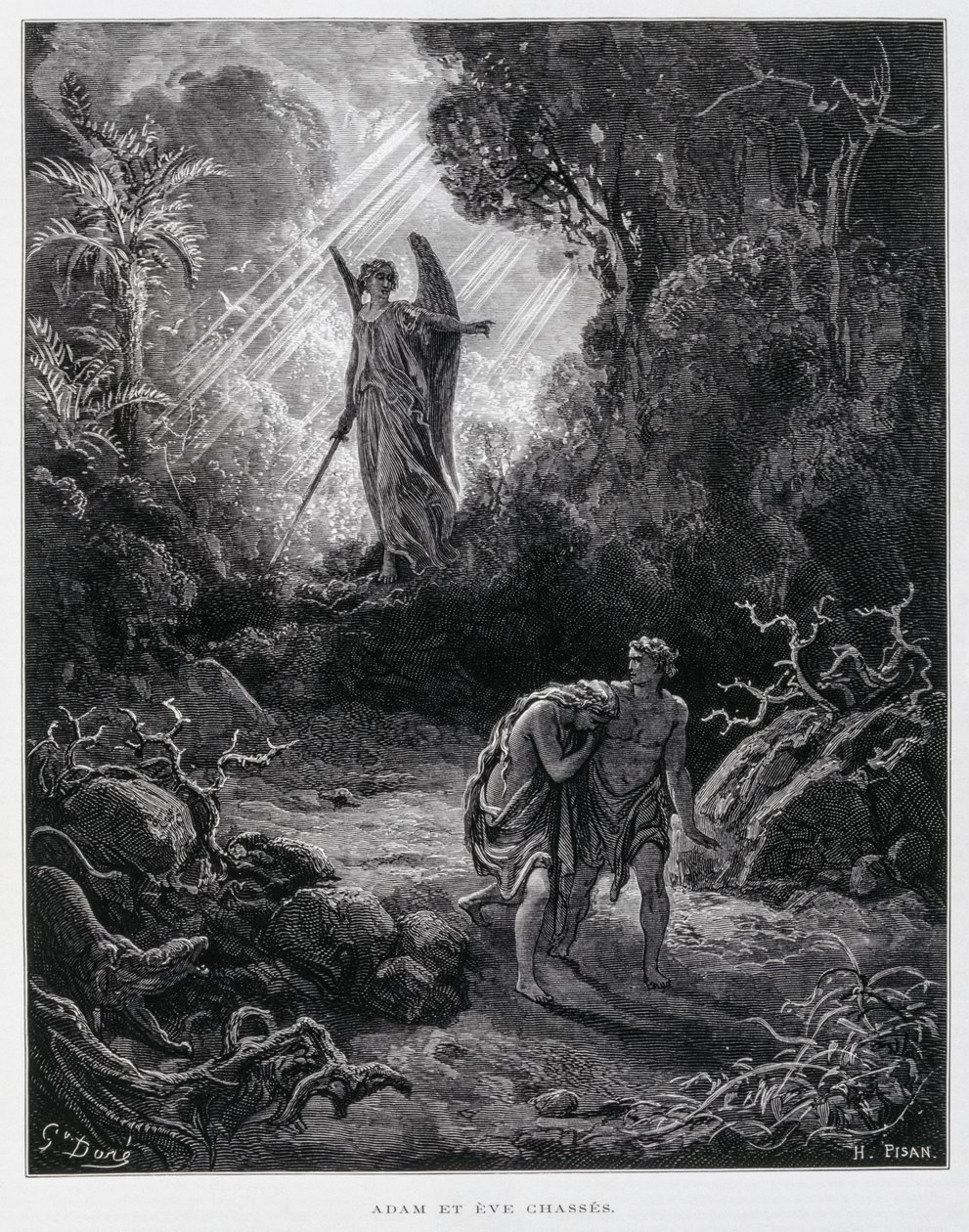 Adam und Eva werden von einem Engel aus dem Garten Eden verbannt, Illustration aus der Dore-Bibel von Gustave Dore
