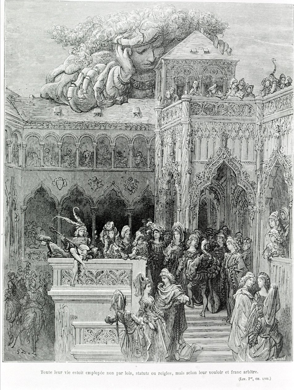 Ihr ganzes Leben wurde nicht durch Gesetze, Statuten oder Regeln bestimmt, sondern nach ihrem Willen und freiem Willen, nach Gargantua (1534) von François Rabelais (1483 - 1553). Gravur von Gustave Doré (1832-1883) von Gustave Dore