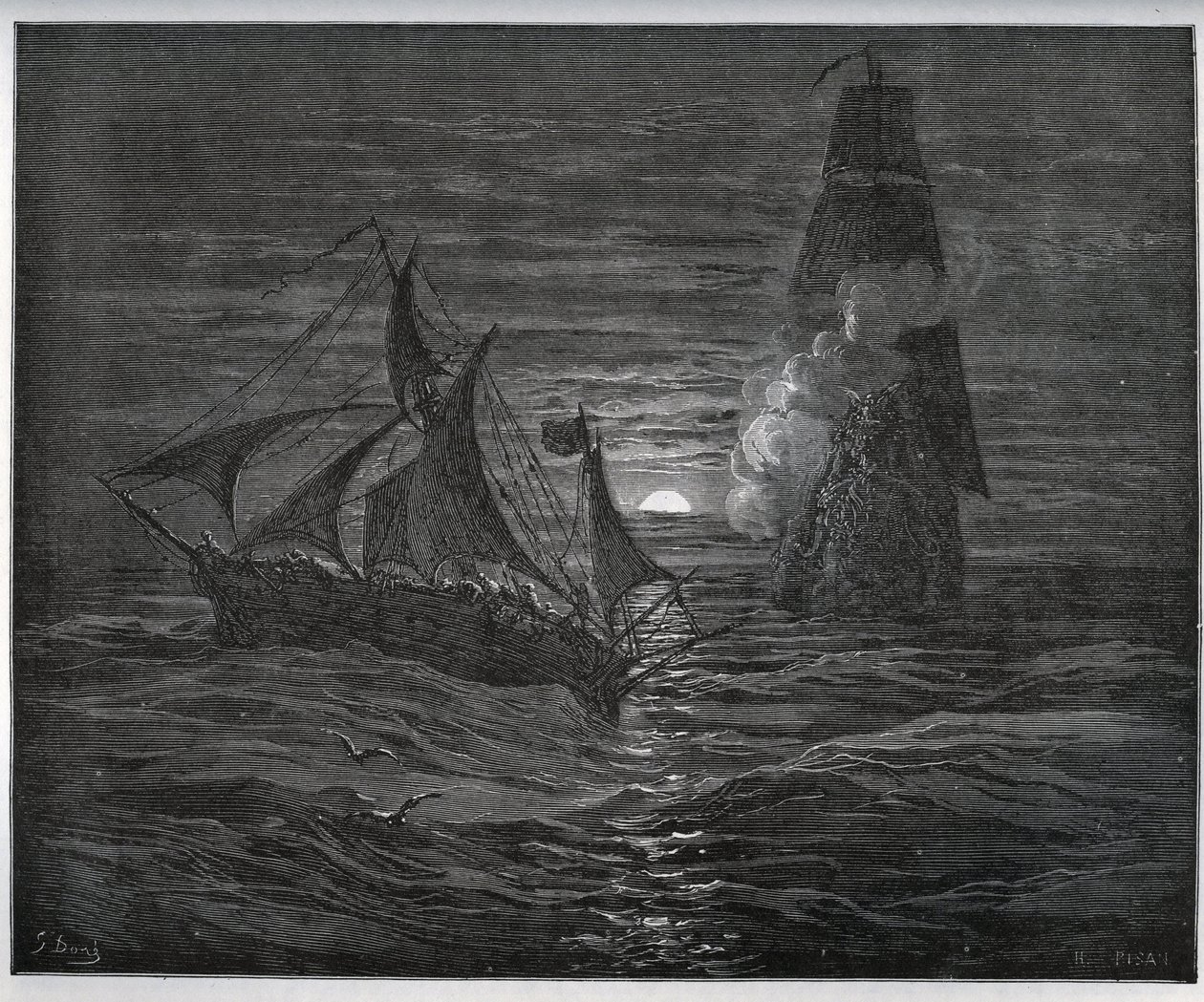 Gefangenen-Geschichte. Das spanische Fluchtboot wird von einem französischen Schiff angegriffen aus „Don Quijote de la Mancha“ von Miguel Cervantes (1547-1616) (Don Quijote) - Holzschnitt nach einer Zeichnung von Gustave Doré von Gustave Dore