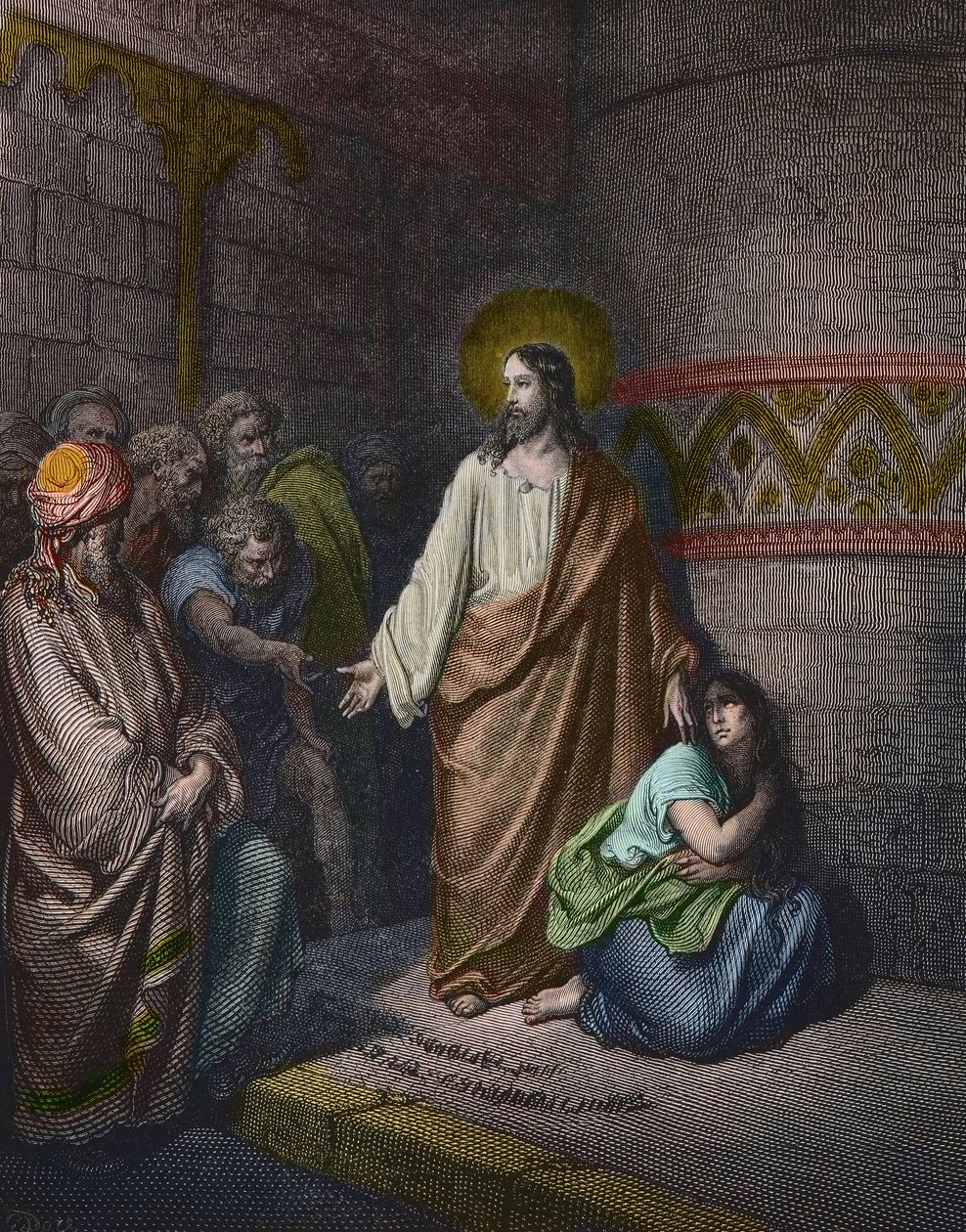 „Christus und die Ehebrecherin“ Illustration von Gustave Doré (1832-1883) - Jesus und die Ehebrecherin - Gravur von Gustave Doré - spätere Kolorierung von Gustave Dore