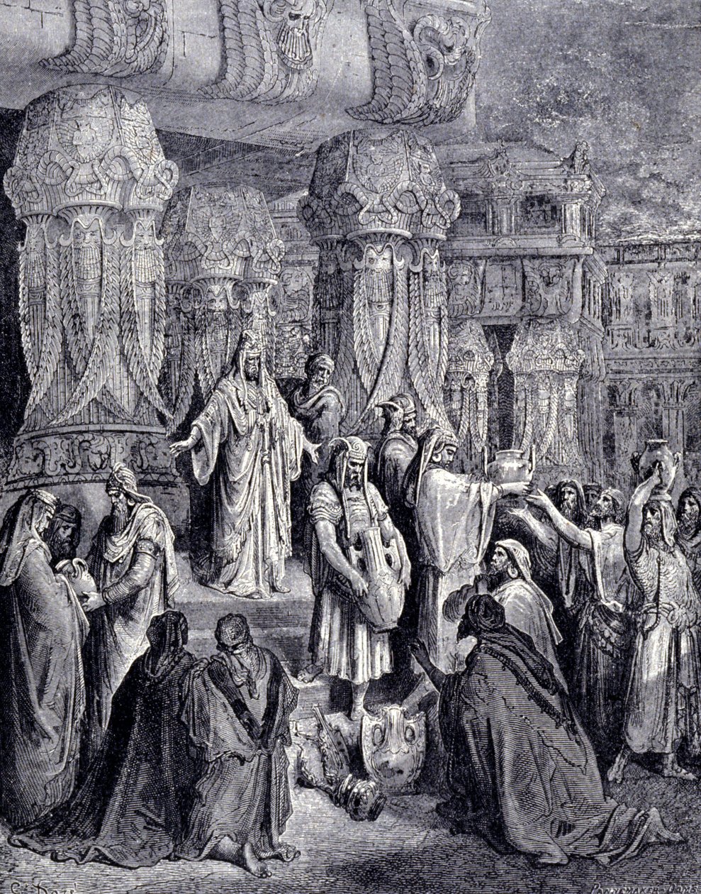 Kyros II. der Große (580 v. Chr. - 530 v. Chr.) befreite die gefangenen Völker bei seiner Ankunft in Babylon im Jahr 539 v. Chr. und gab dem jüdischen Volk die heiligen Gefäße zurück, die als Beute im Tempel von Jerusalem genommen worden waren. Gravur von  von Gustave Dore