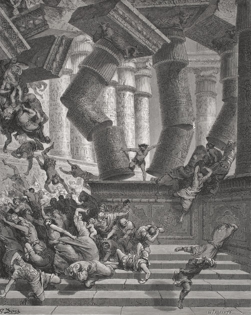 Der Tod von Samson, Richter 26:28-30, Illustration aus Dore