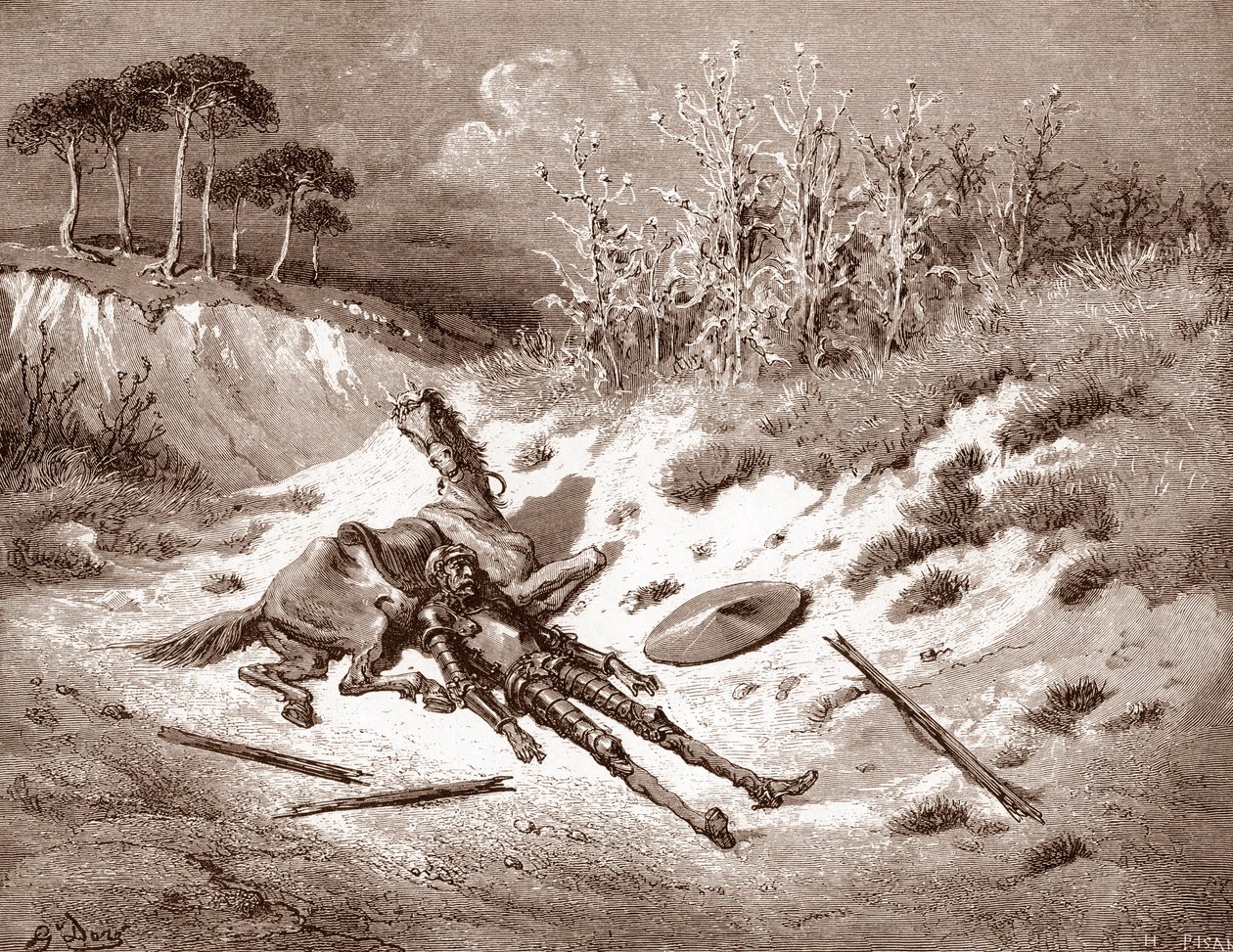 Don Quijote nach seiner Prügelstrafe ruft seine ideale Dame Dulcinea del Toboso an. Gravur von Gustave Doré für „Der sinnreiche Junker Don Quijote von der Mancha“ von Miguel de Cervantes, 1863 von Gustave Dore