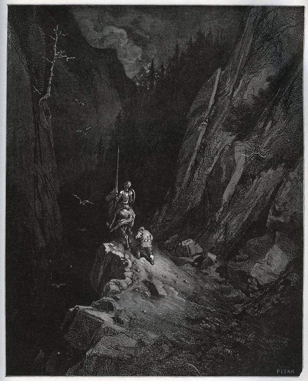 Don Quijote und Sancho Panza versinken in der Sierra Morena - aus „Don Quijote de la Mancha“ von Miguel Cervantes (1547-1616) (Don Quijote) - Holzschnitt nach einer Zeichnung von Gustave Dore. von Gustave Dore