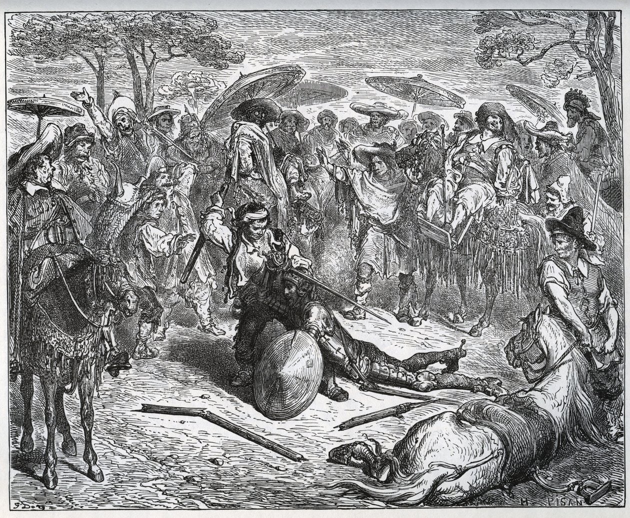 Don Quijote wird inmitten einer Gruppe von Kaufleuten geschlagen - Der Maultiermacher hatte Gefallen am Spiel gefunden - aus "Don Quijote von der Mancha" von Miguel Cervantes von Gustave Dore