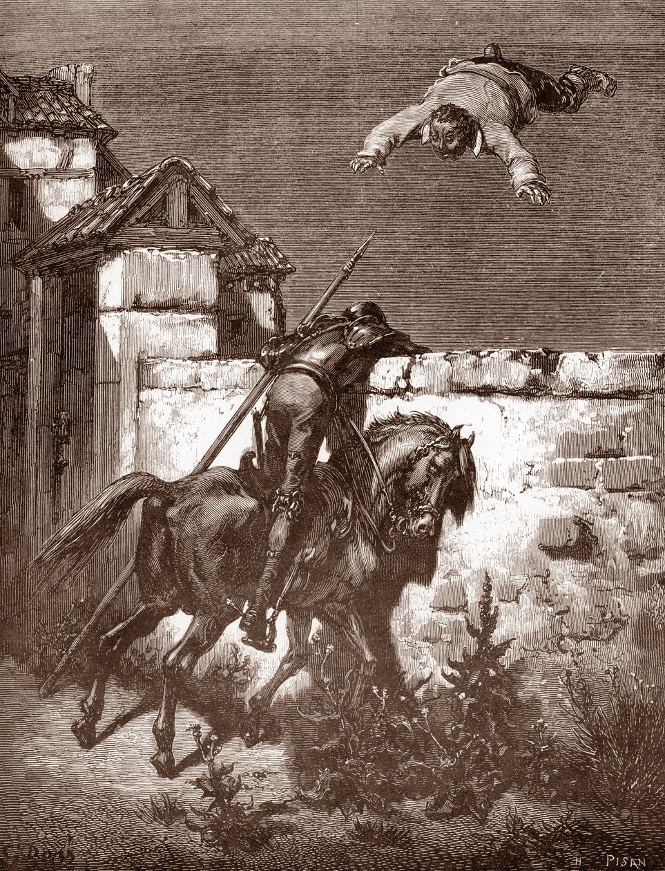Don Quixote kann die Werfer von Sancho Panza nicht aufhalten, die ihn auf einer Decke hüpfen lassen. Gravur von Gustave Doré (1832-1883) für 
