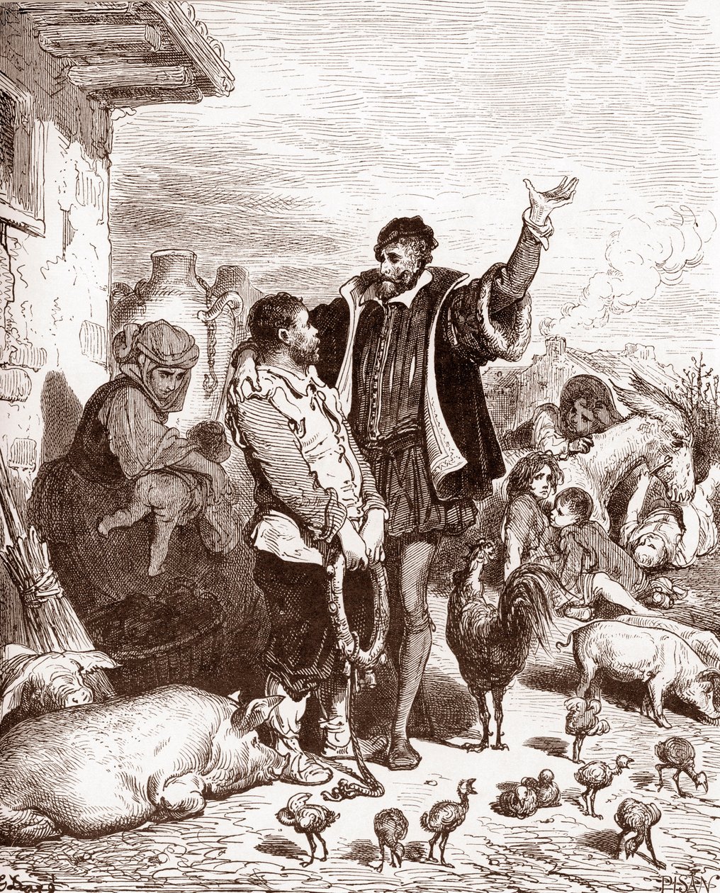 Don Quijote überredet seinen Nachbarn Sancho Panza, sein Knappe zu werden, indem er ihm verspricht, ihn zum Gouverneur einer eroberten Insel zu machen von Gustave Dore