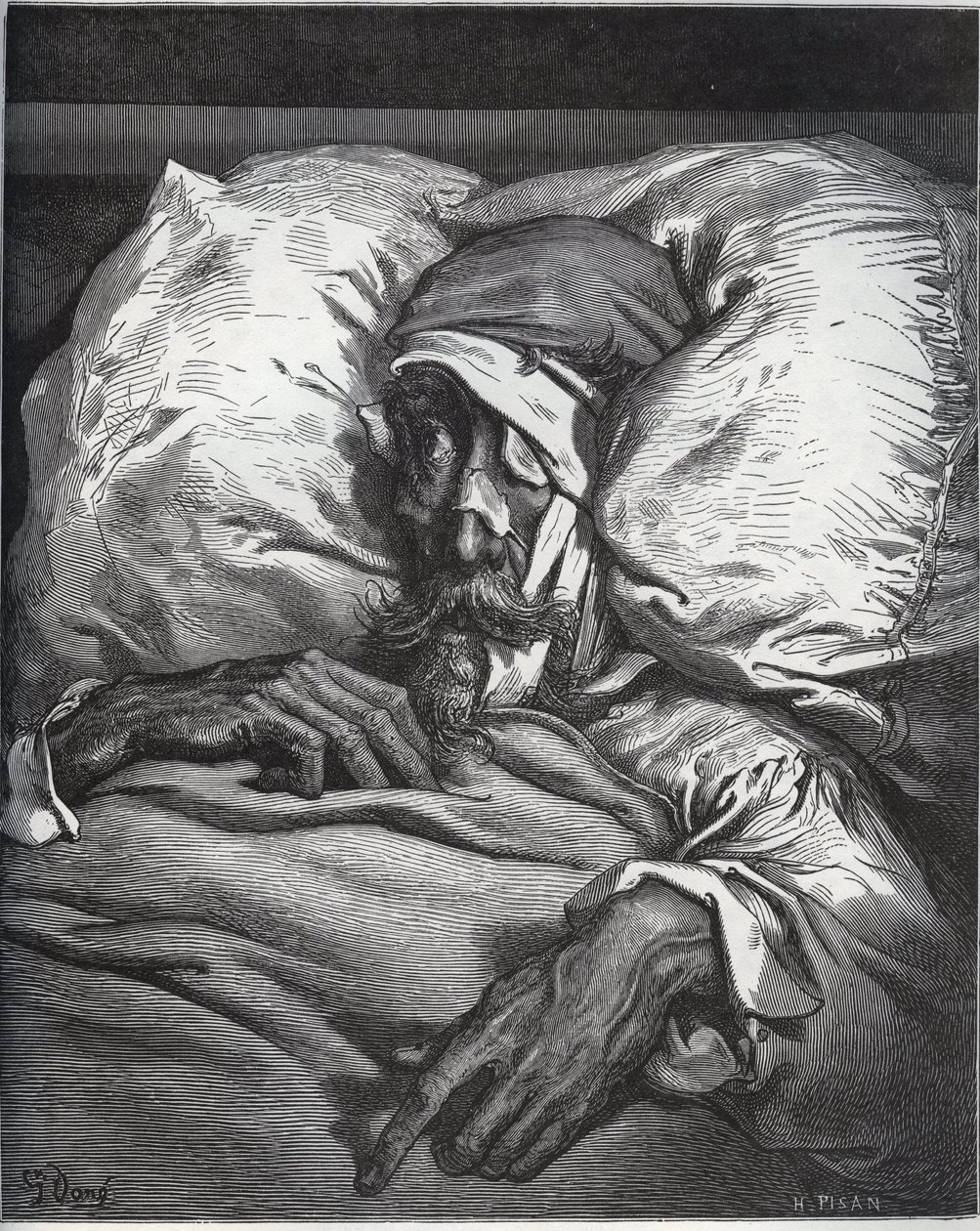 Don Quixote verwundet - aus „Don Quixote de la Mancha“ von Miguel Cervantes (1547-1616) - Holzschnitt nach einer Zeichnung von Gustave Doré von Gustave Dore