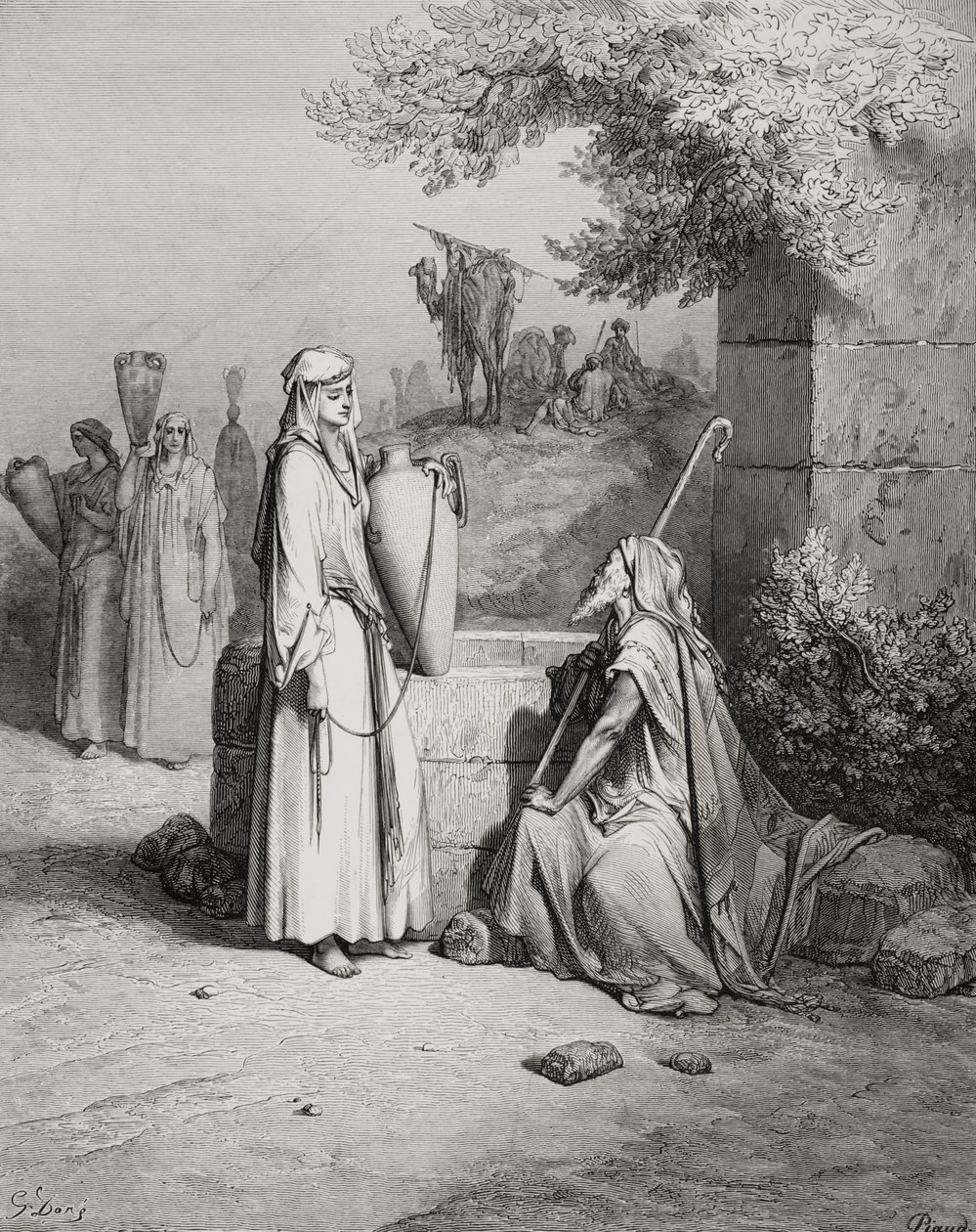 Eliezer und Rebekka, Genesis 24:15-21, Illustration aus Dores 