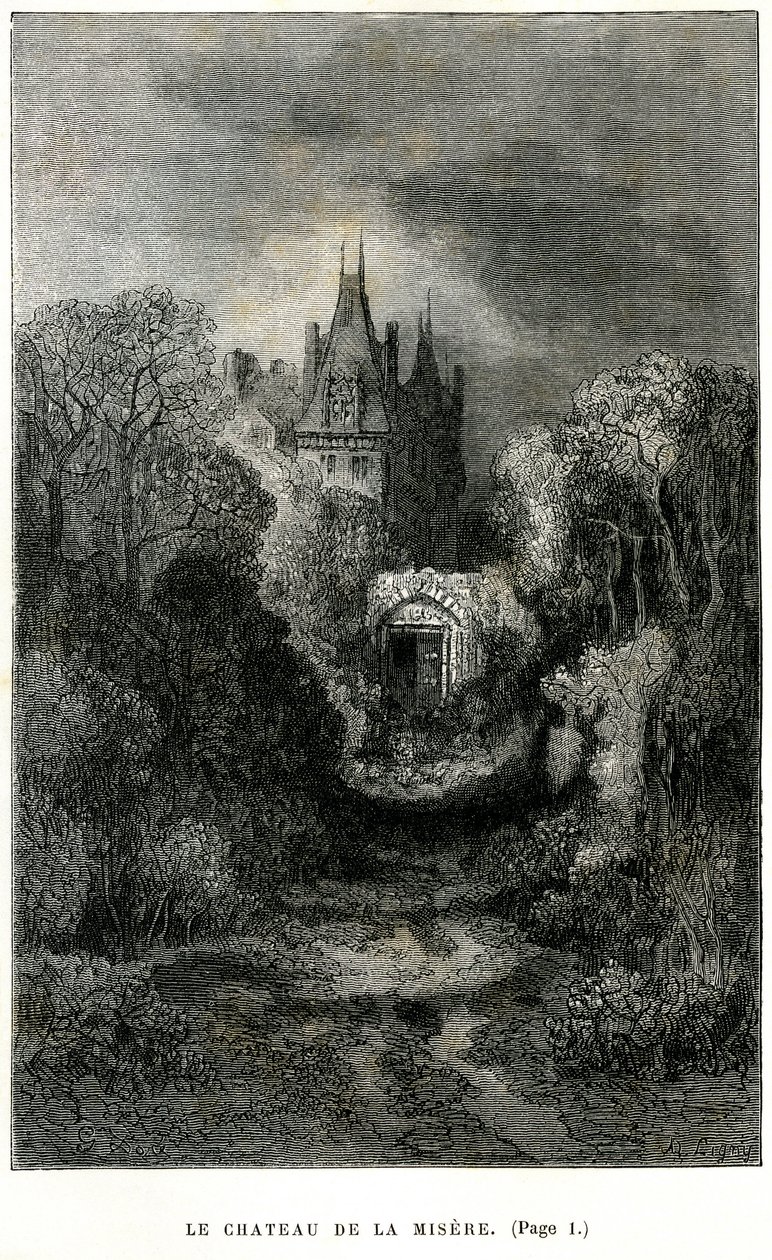Illustration von Gustave Doré im Frontispiz des Romans von Théophile Gautier „Der Kapitän Fracasse“. Charpentier-Ausgabe 1863. Das Schloss der Misere, Heimat des Barons von Sigognac. von Gustave Dore