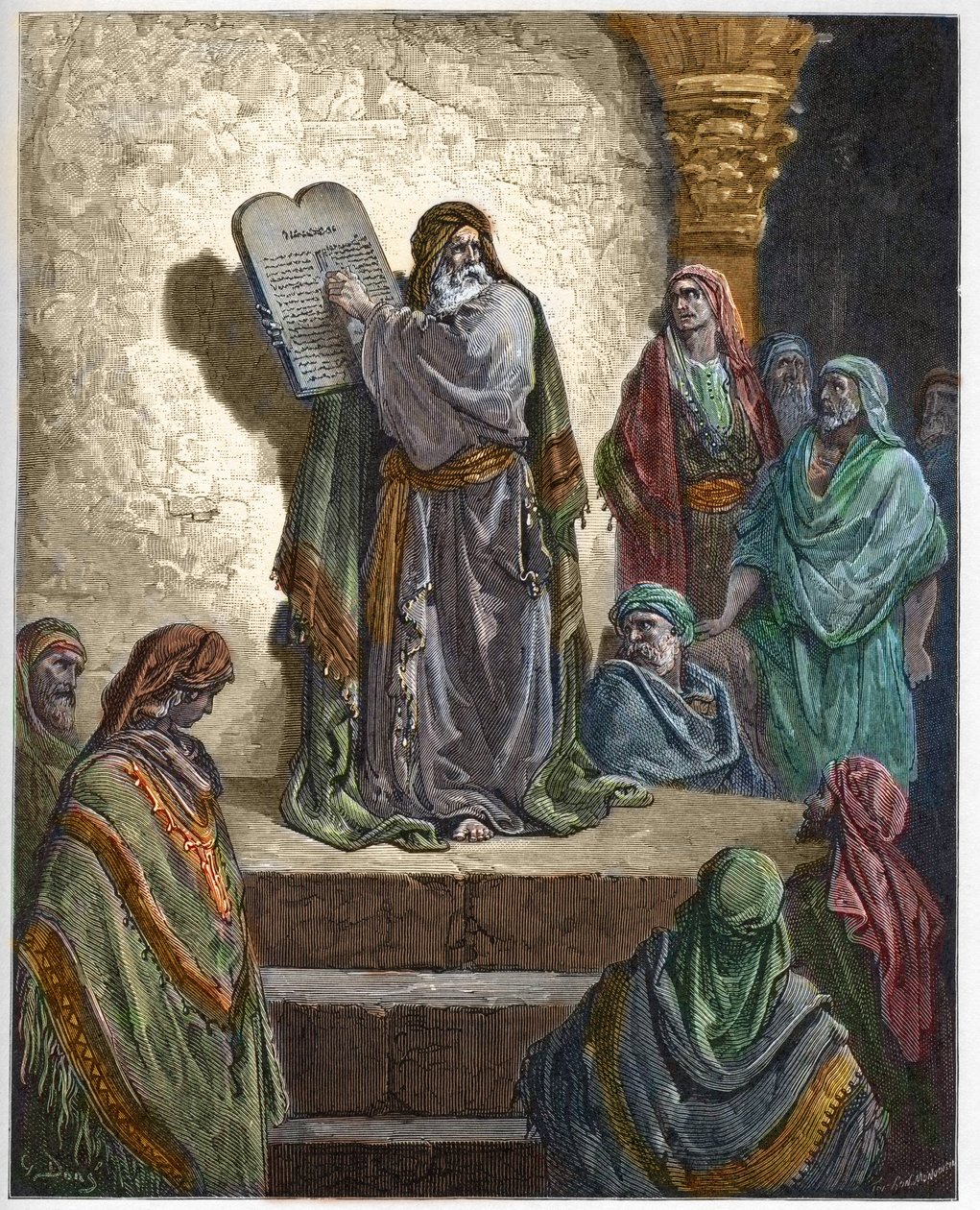 Esra der Schriftgelehrte liest dem Volk das Gesetz vor - Gravur in „Die illustrierte Bibel“ von Gustave Doré - Gravur aus „Die Doré-Bibel“ von Gustave Dore