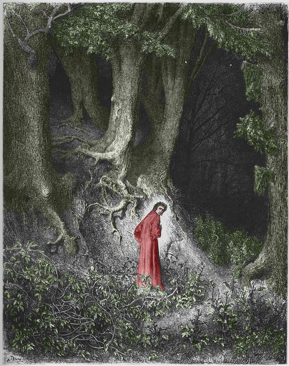 Erster Gesang der Hölle: Der Dichter Dante befindet sich in einem Wald. Illustration von Gustave Doré von Gustave Dore