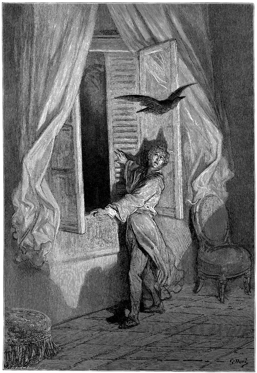 Illustration von Gustave Dore (1832-1883) für Edgar Allan Poes Kurzgeschichte „Der Rabe“. Diese Serie wurde von Dore 1883, dem Jahr seines Todes, abgeschlossen und ist daher eines seiner neuesten Werke. von Gustave Dore