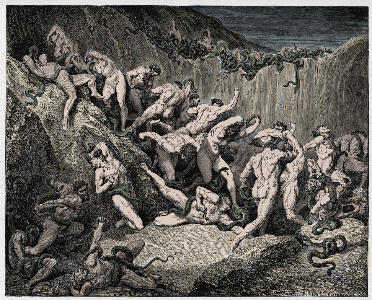 Inferno, Gesang 24: Die Diebe von Schlangen gequält, Illustration aus "Die Göttliche Komödie" von Dante Alighieri, 1885 von Gustave Dore