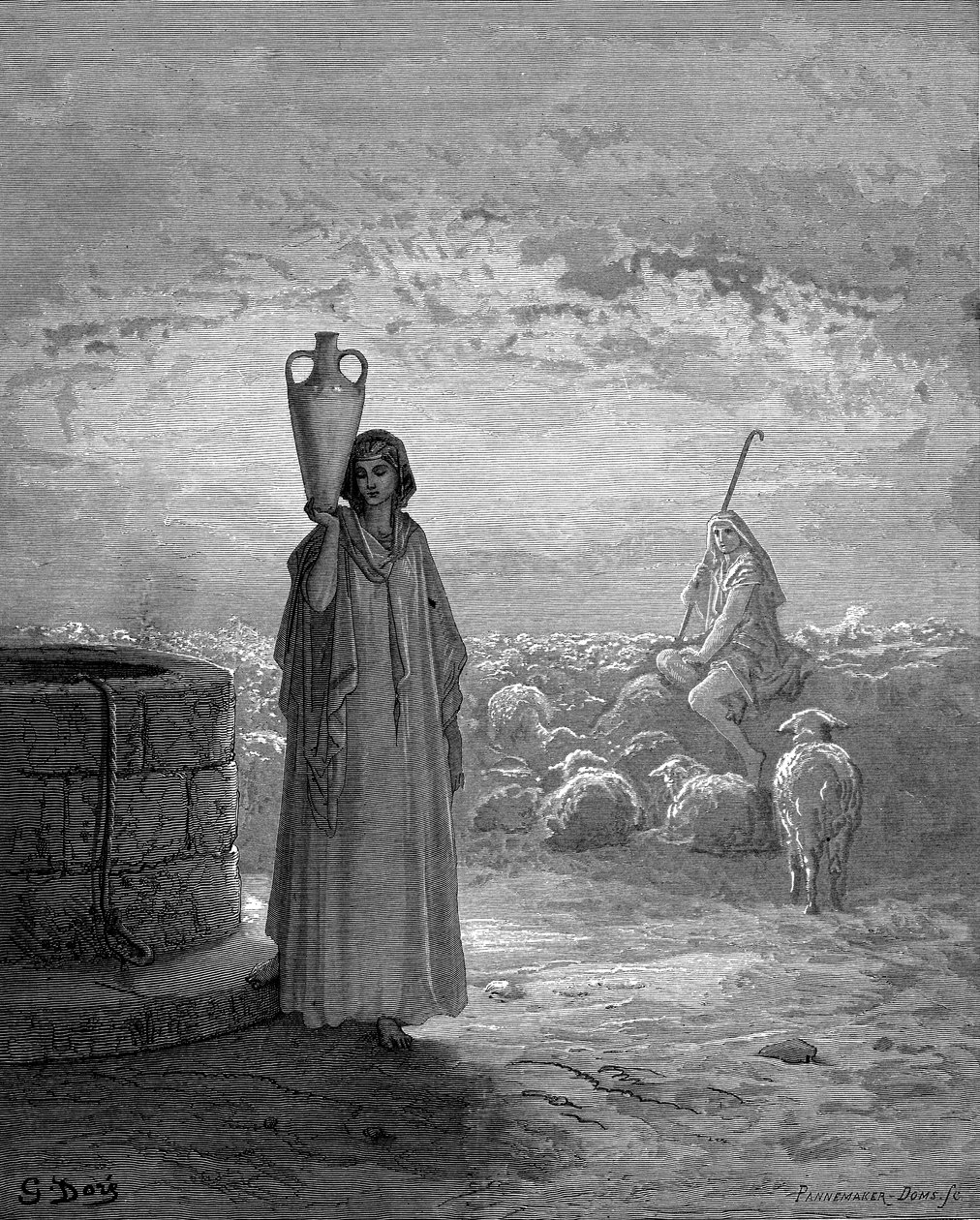 Jakob, der Labans Herden hütet, sieht Rachel am Brunnen, 1866 von Gustave Dore