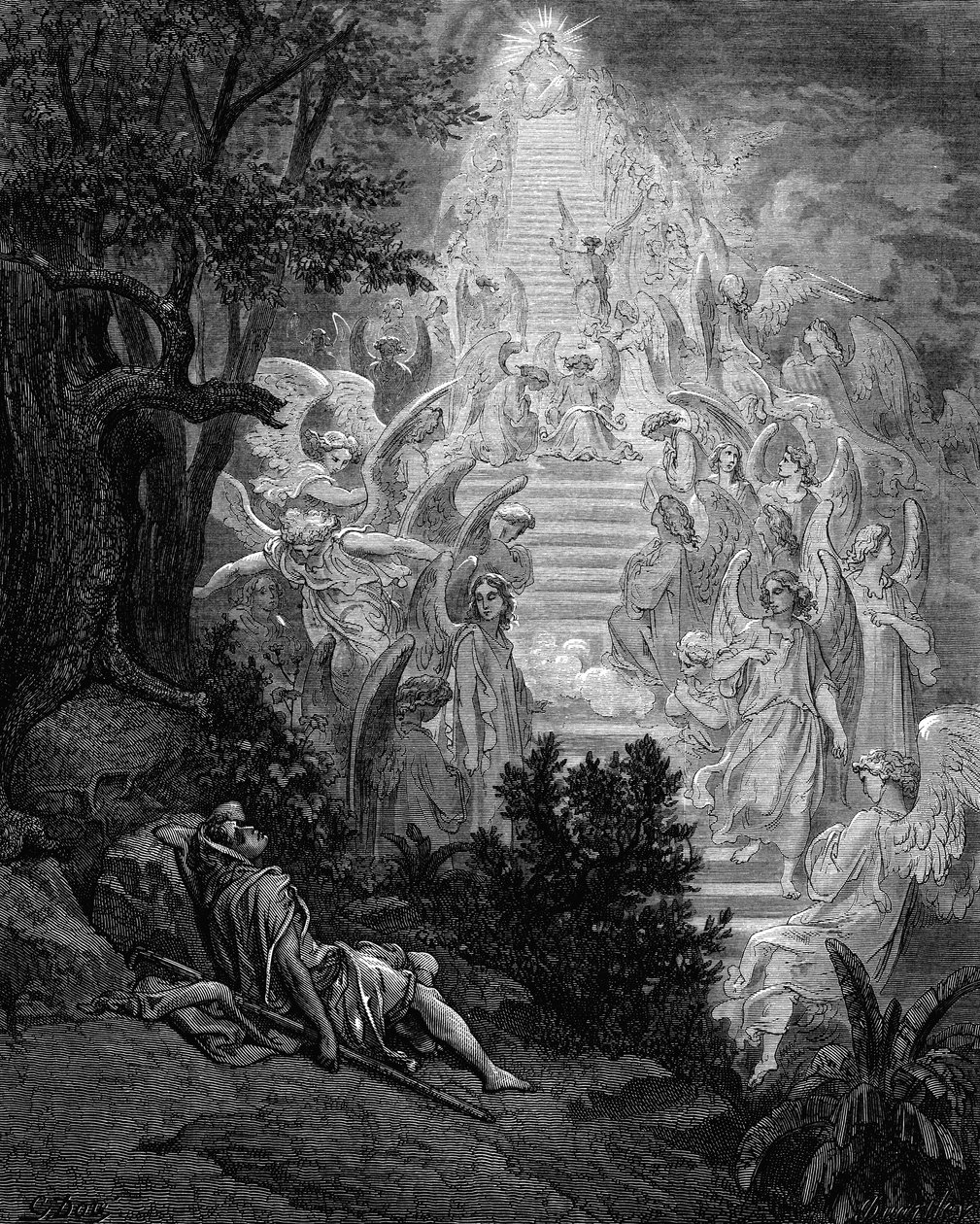 Jakobs Traum von einer Treppe, die zum Himmel führt, mit Gott an der Spitze, 1865-1866 von Gustave Dore
