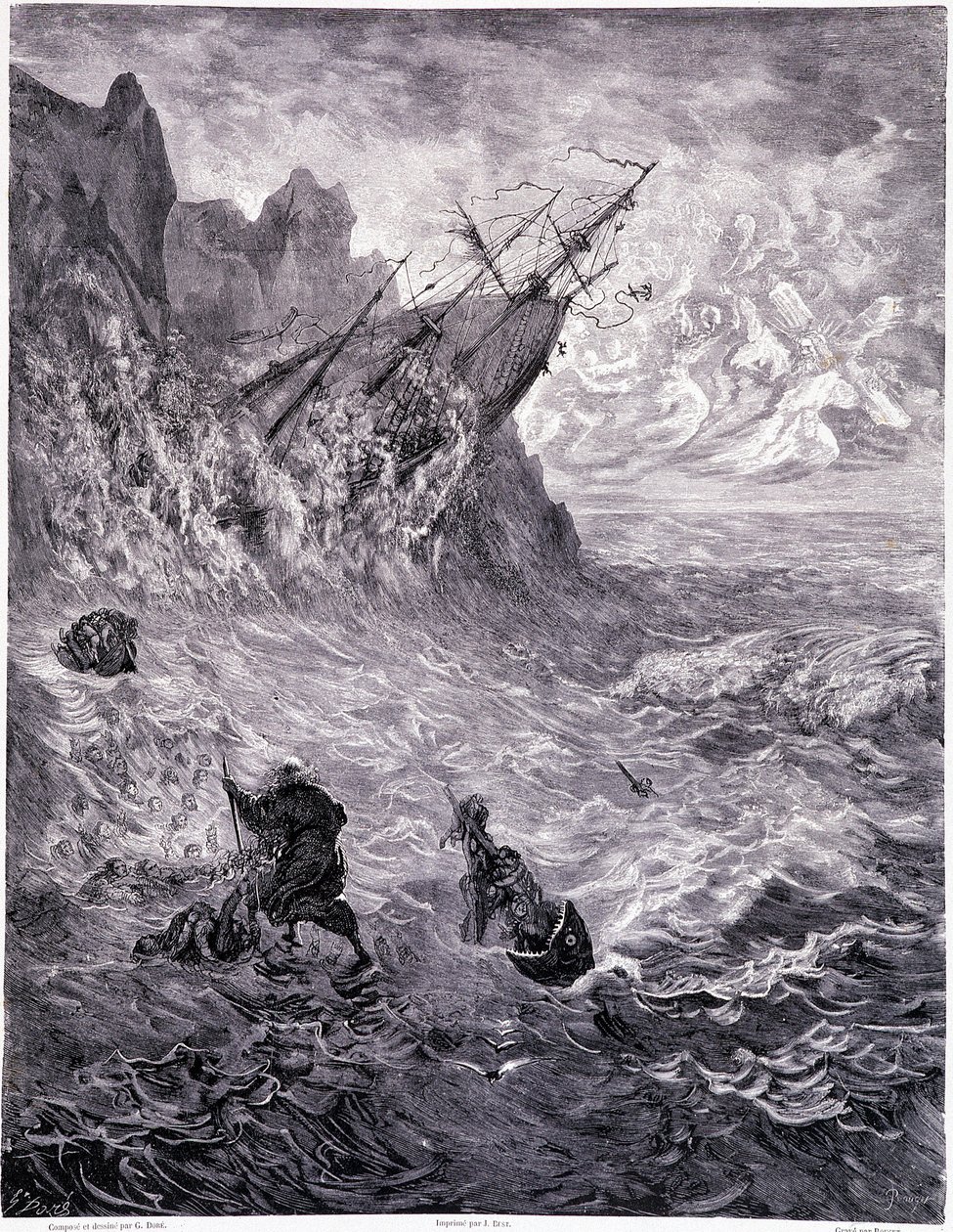Je traverse les mers... Planche X - Illustration von Gustave Doré (1832-1883), für La légende du Juif errant von Pierre Dupont, Ausgabe Librairie du magasin pittoresque, Paris 1862 von Gustave Dore