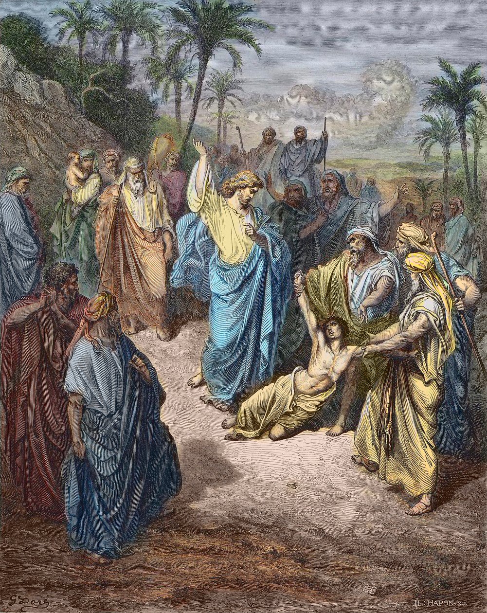 Jesus Christus heilt einen jungen Besessenen - Jesus heilt den Wahnsinnigen - Farbgravur nach Gustave Doré von Gustave Dore