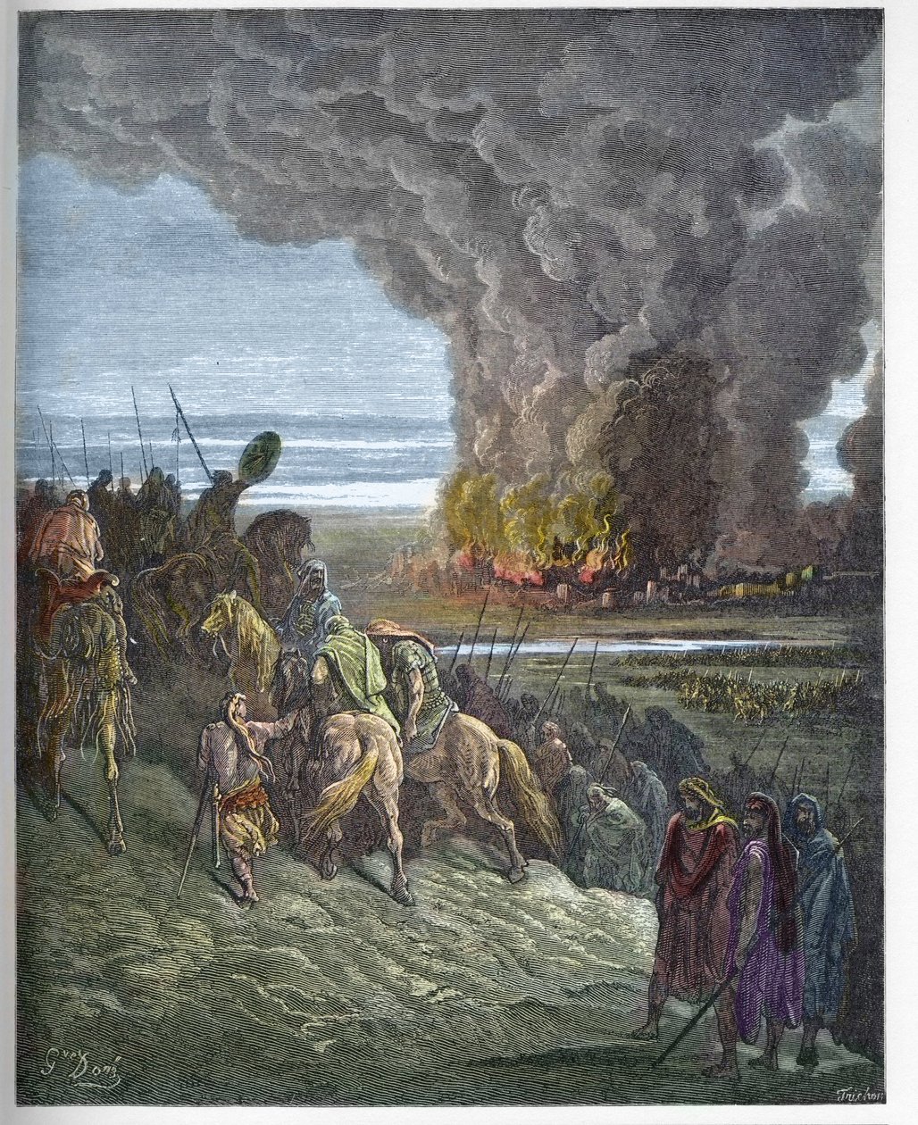 Josua verbrennt die Stadt Ai - Die Eroberung der Stadt Ai (Hai) durch Josua - Gravur in „The Bible illustree“ von Gustave Dore (1832-1883) - Gravur aus „The Dore Bible“ von Gustave Dore