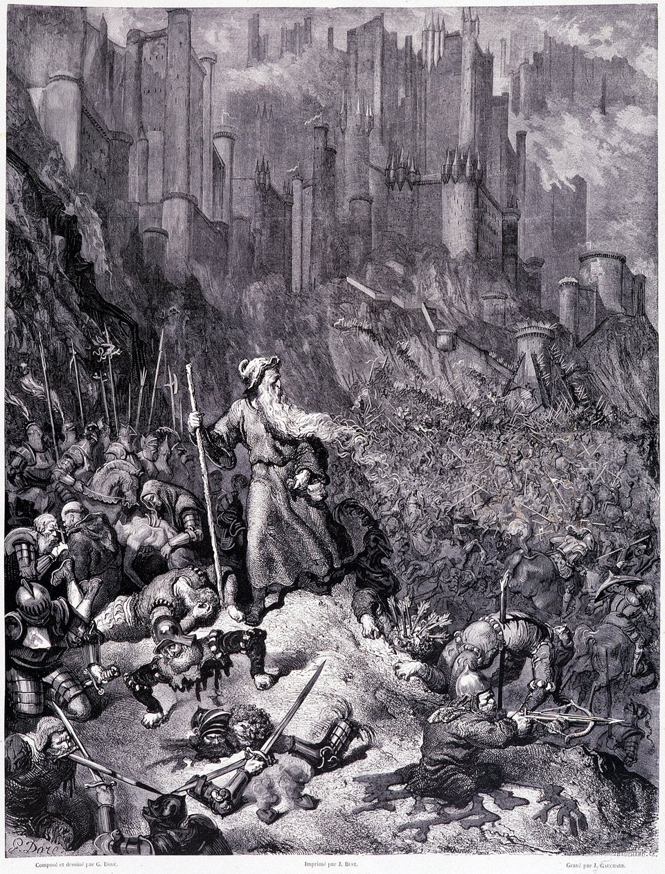 Les batailles, Platte IX - Illustration von Gustave Doré (1832-1883), für La légende du Juif errant von Pierre Dupont, Ausgabe Librairie du magasin pittoresque, Paris 1862 von Gustave Dore