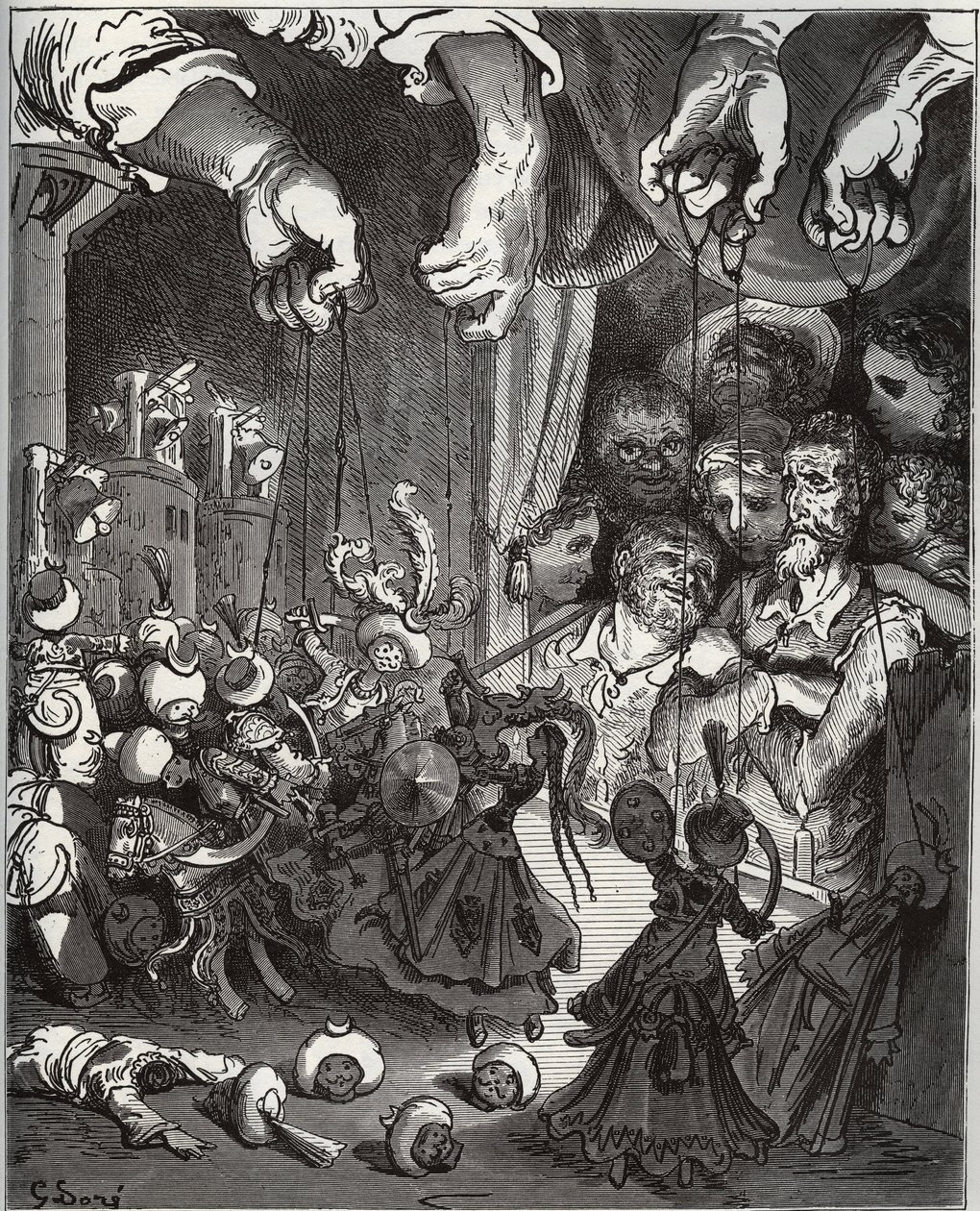 Maese Pedros Puppenspiel - aus „Don Quijote de la Mancha“ von Miguel Cervantes (1547-1616) (Don Quijote) - Holzschnitt nach einer Zeichnung von Gustave Dore von Gustave Dore