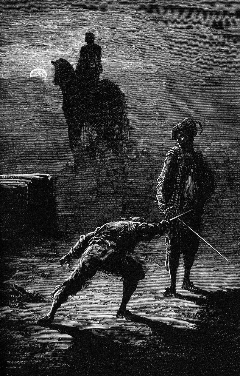 Nachtduell im Mondlicht zwischen Baron de Sigognac und Jacquemin Lampourde, unter der Reiterstatue des Bronzekönigs. Gravur von Gustave Doré, die Théophile Gautiers Roman „Der Kapitän Fracasse“ illustriert. Charpentier Edition 1863. von Gustave Dore