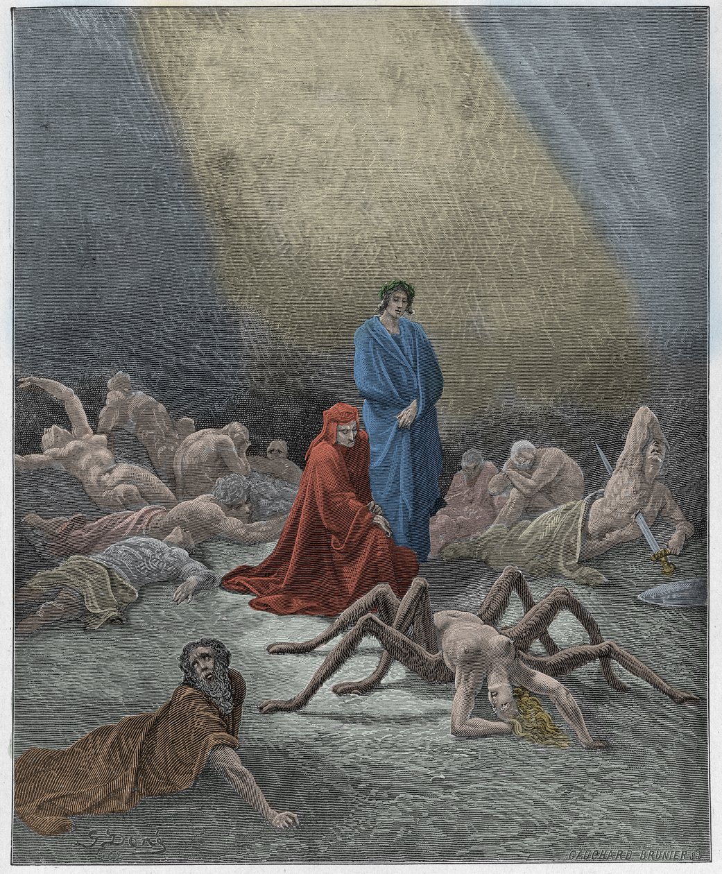 Purgatorio, Canto 12: Dante betrachtet die Seele von Arachne, Illustration aus "Die Göttliche Komödie" von Dante Alighieri, 1885 von Gustave Dore