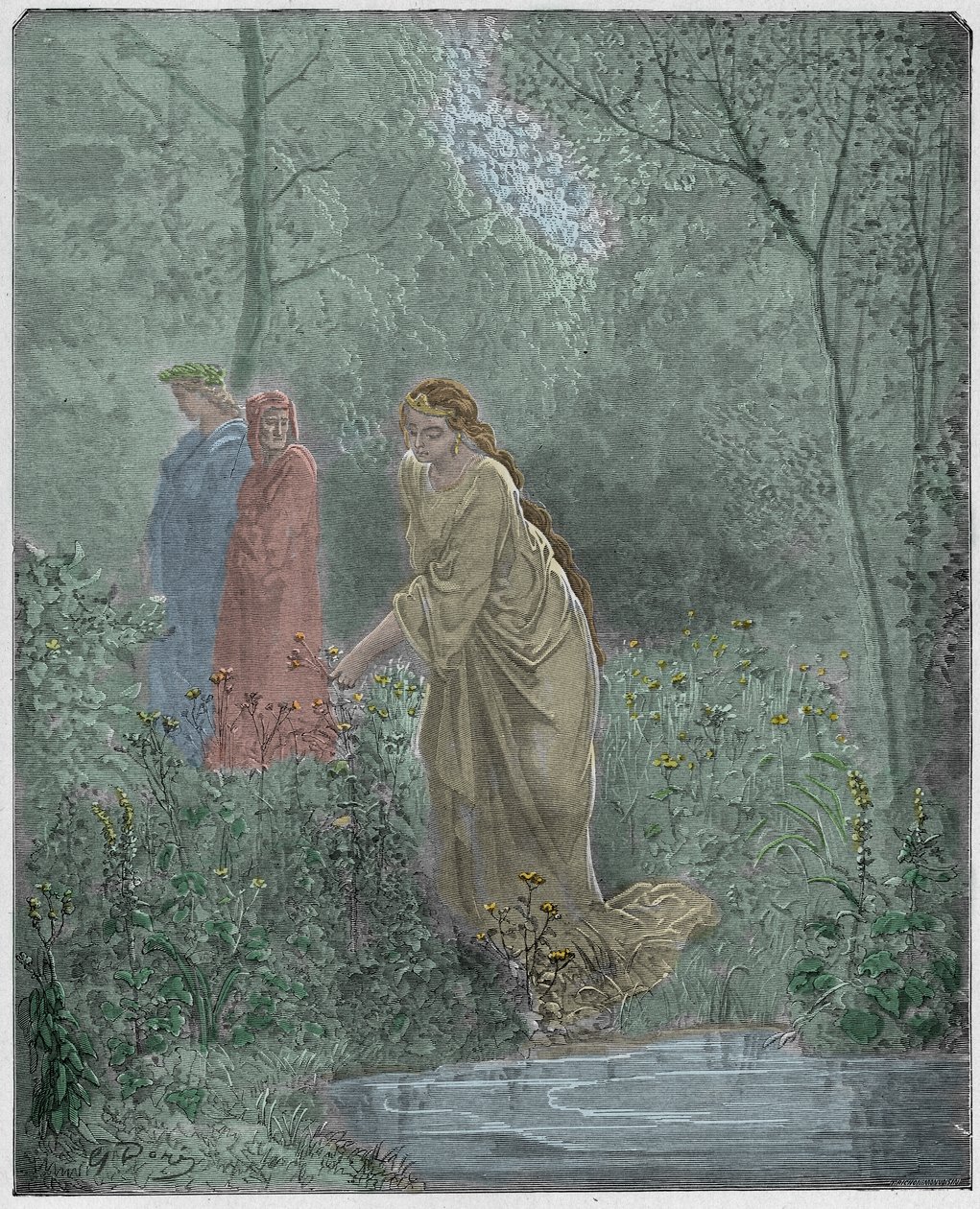 Purgatorio, Gesang 27: Dantes Traum von Leah auf der Wiese, Illustration aus "Die Göttliche Komödie" von Dante Alighieri, 1885 von Gustave Dore