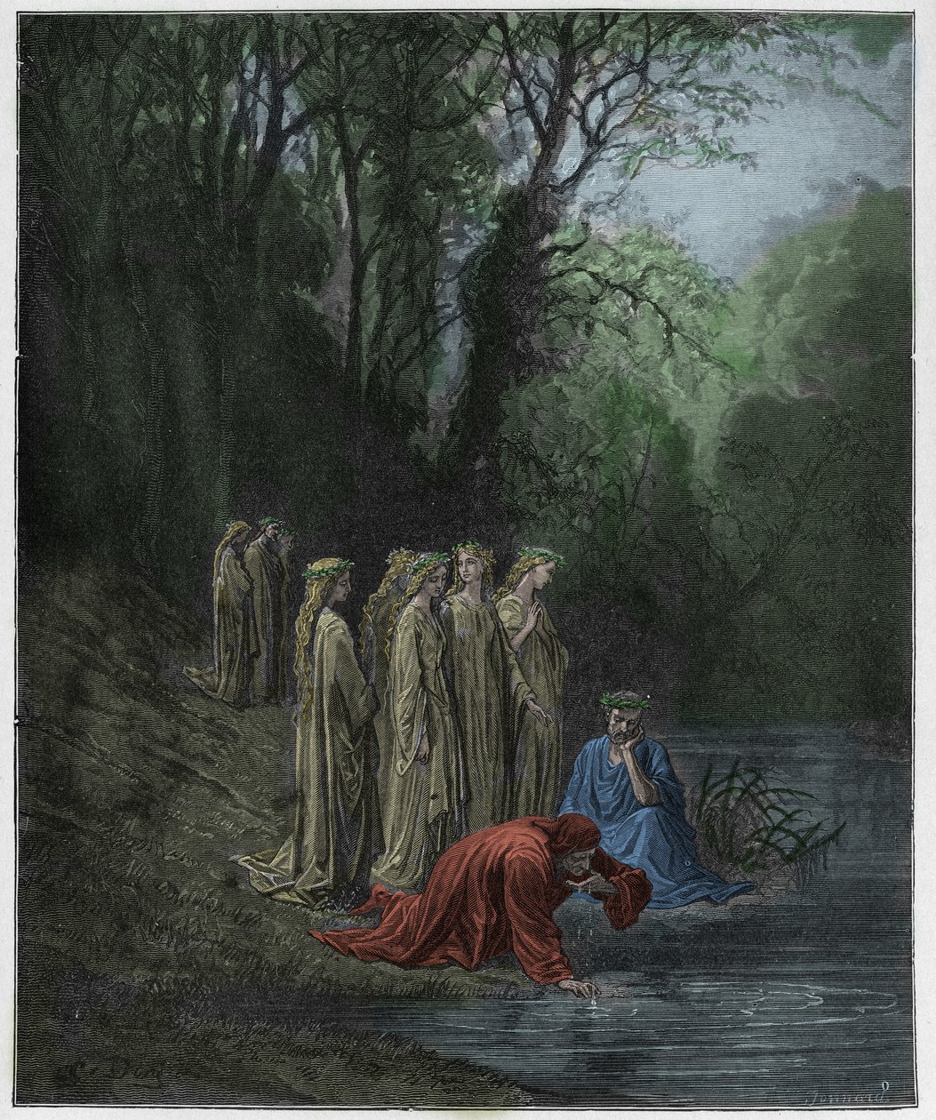 Purgatorio, Gesang 33: Dante trinkt vom Fluss Eunoe, Illustration aus "Die Göttliche Komödie" von Dante Alighieri, 1885 von Gustave Dore