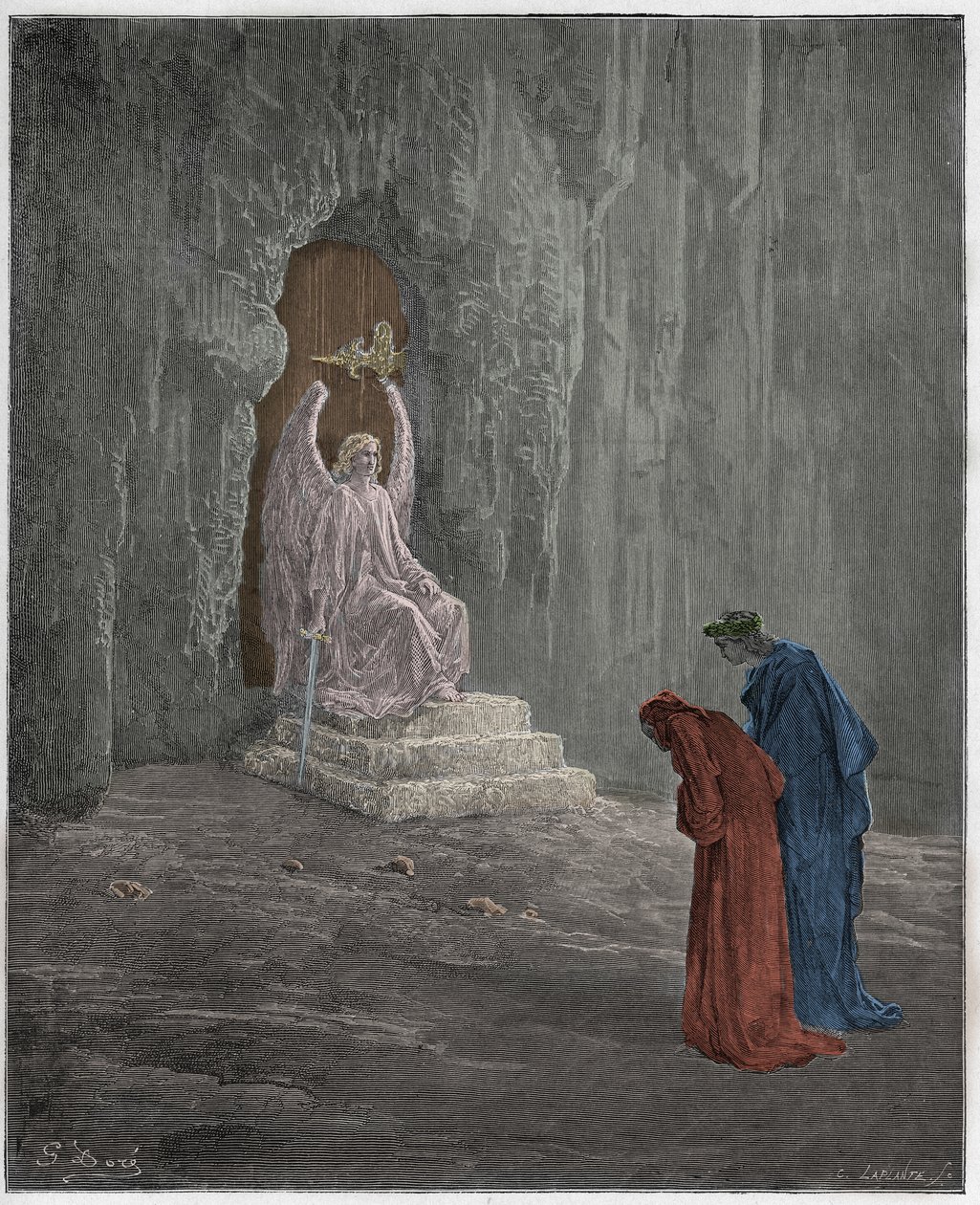 Purgatorio, Gesang 9: Dante und Virgil an den Toren des Fegefeuers, Illustration aus "Die Göttliche Komödie" von Dante Alighieri, 1885 von Gustave Dore