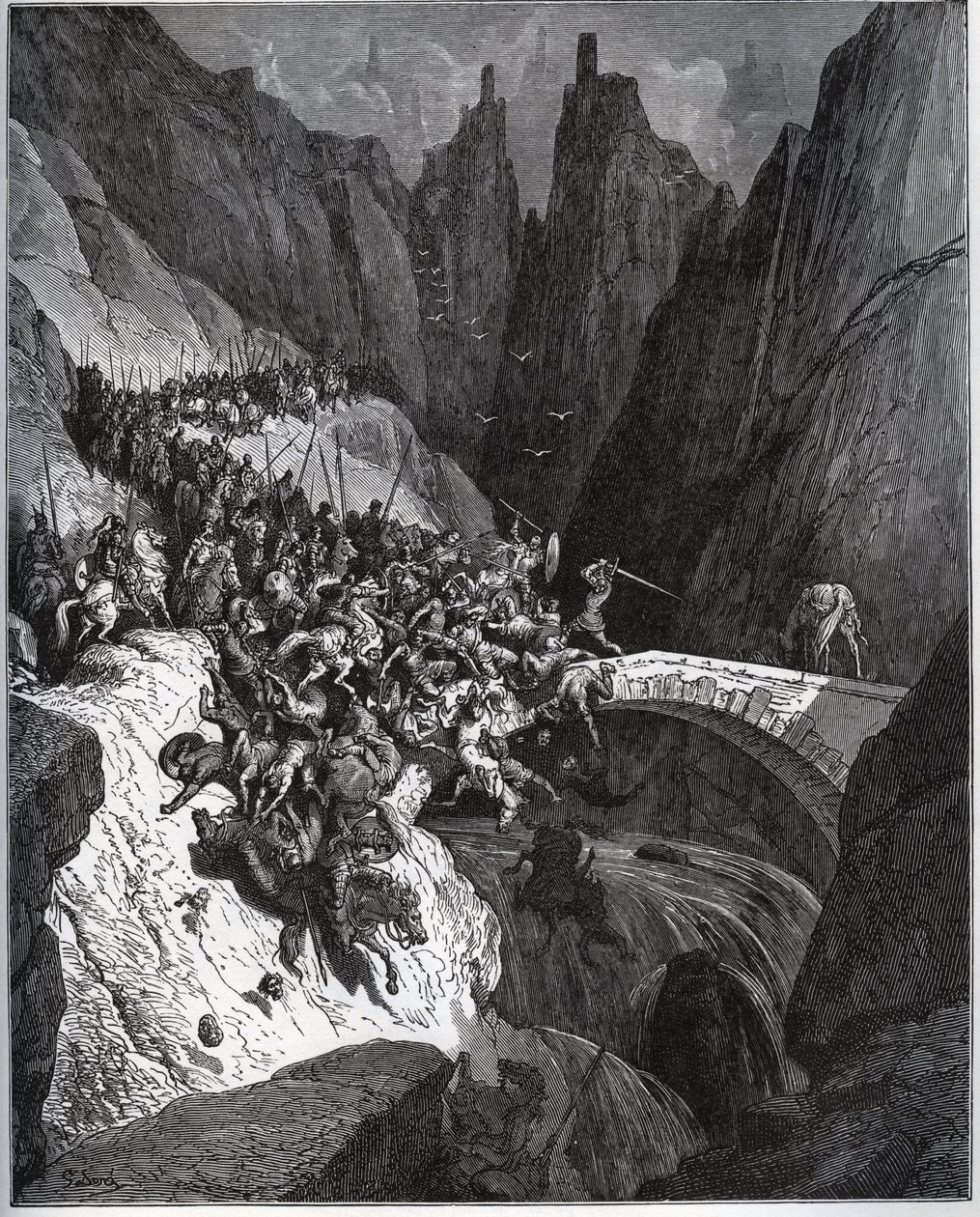 Erzählung der Taten des Ritters Diego Garcia de Paredes - aus „Don Quijote de la Mancha“ von Miguel Cervantes (1547-1616) - Holzschnitt nach einer Zeichnung von Gustave Doré von Gustave Dore